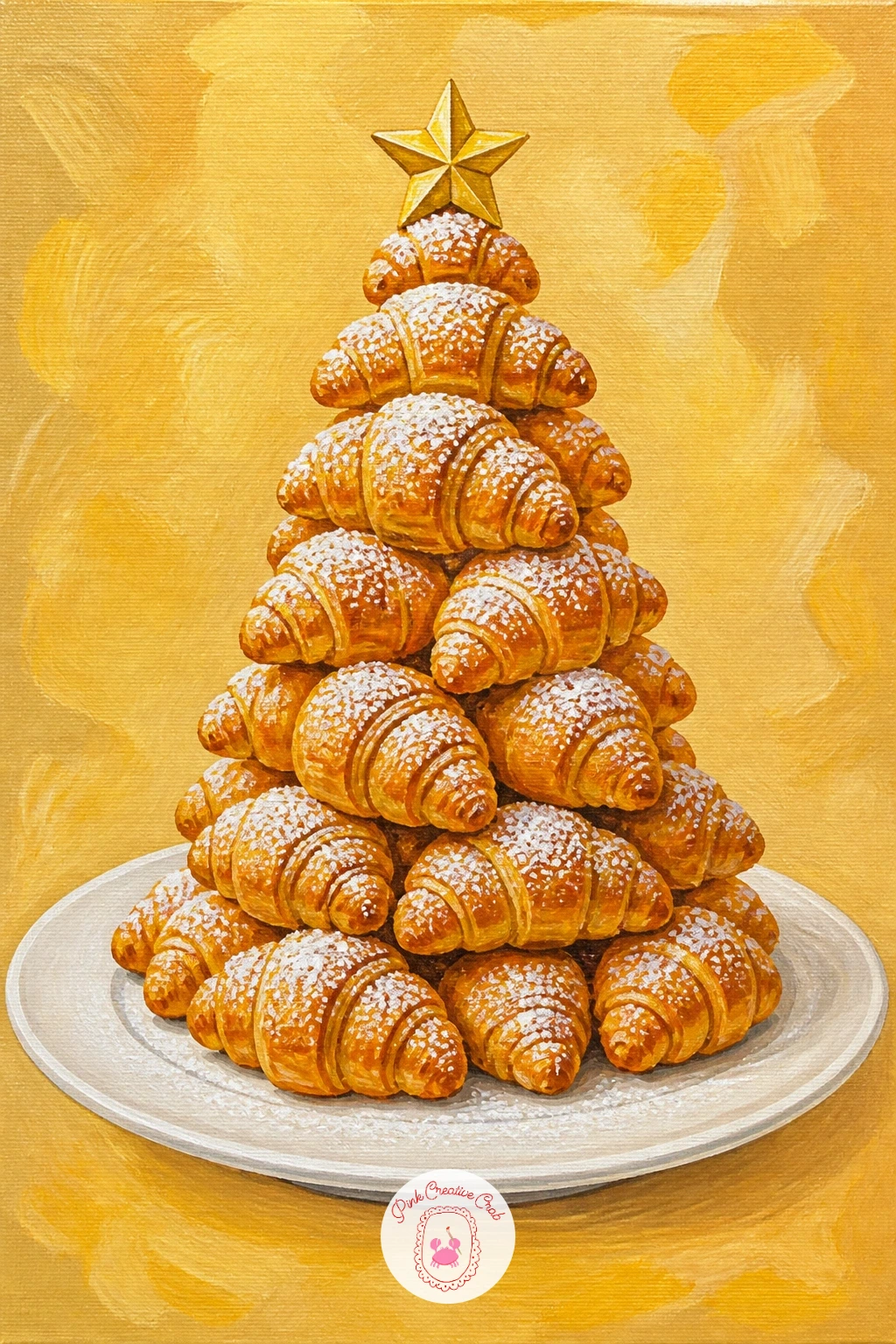 Croissant Tree on a Plate — Have some fun with a food pun: mini croissants stacked into a Christmas tree shape on a plate, dusted with powdered sugar snow.