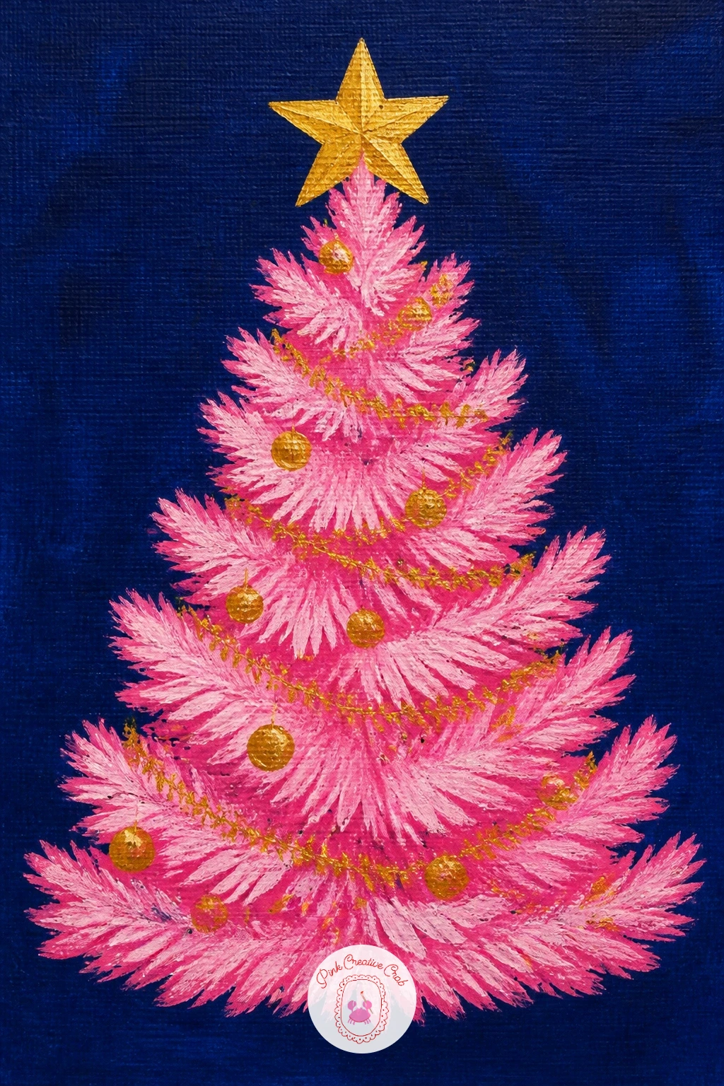 Pink Tinsel Tree on Blue — Go fully modern with a pink tinsel Christmas tree standing against a flat navy or sky blue background, no ornaments, just color and