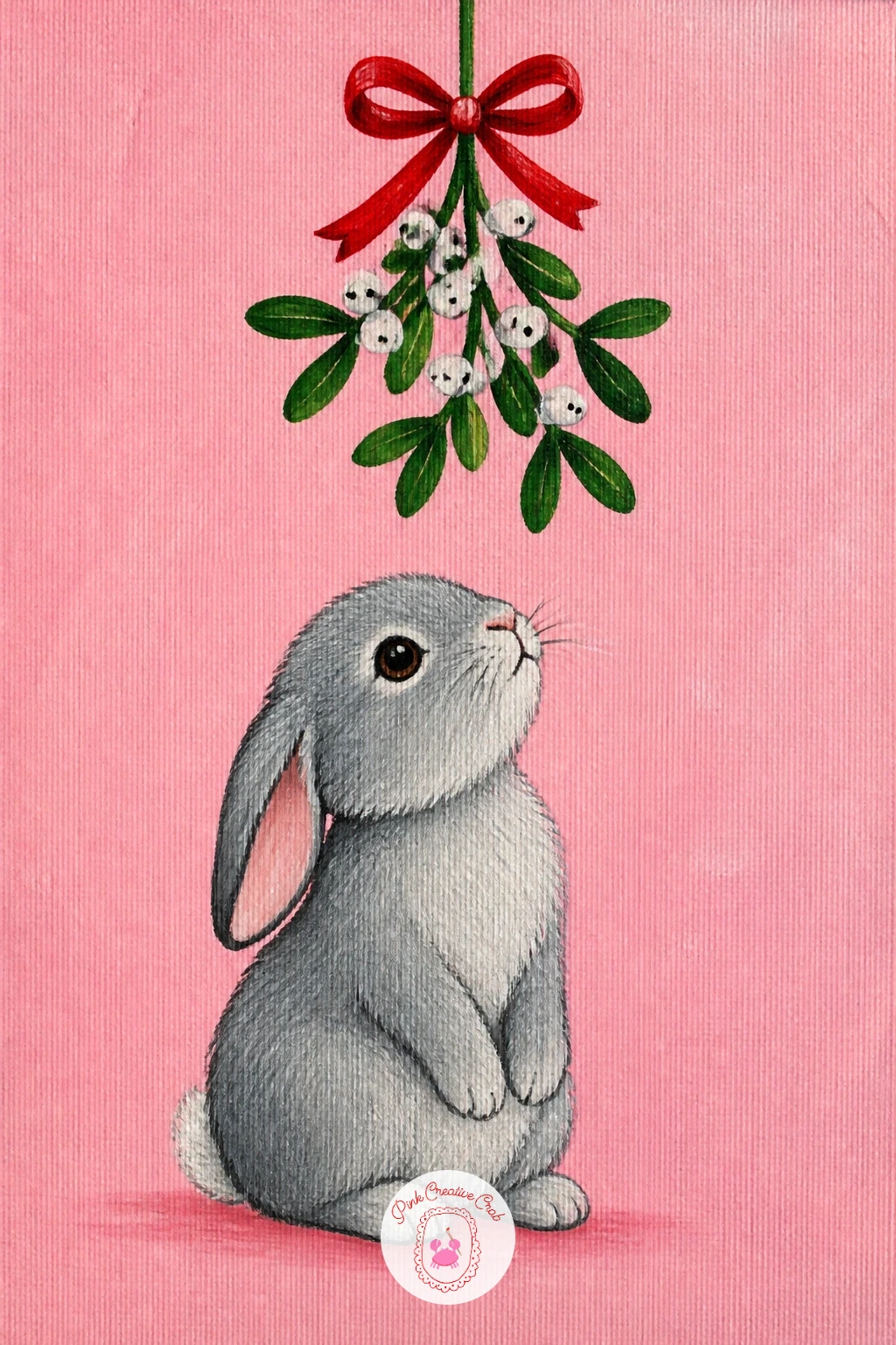 Bunny Under Mistletoe — Soften the mood with a small bunny sitting beneath a sprig of mistletoe, set against a flat pale pink background. Christmas acrylic
