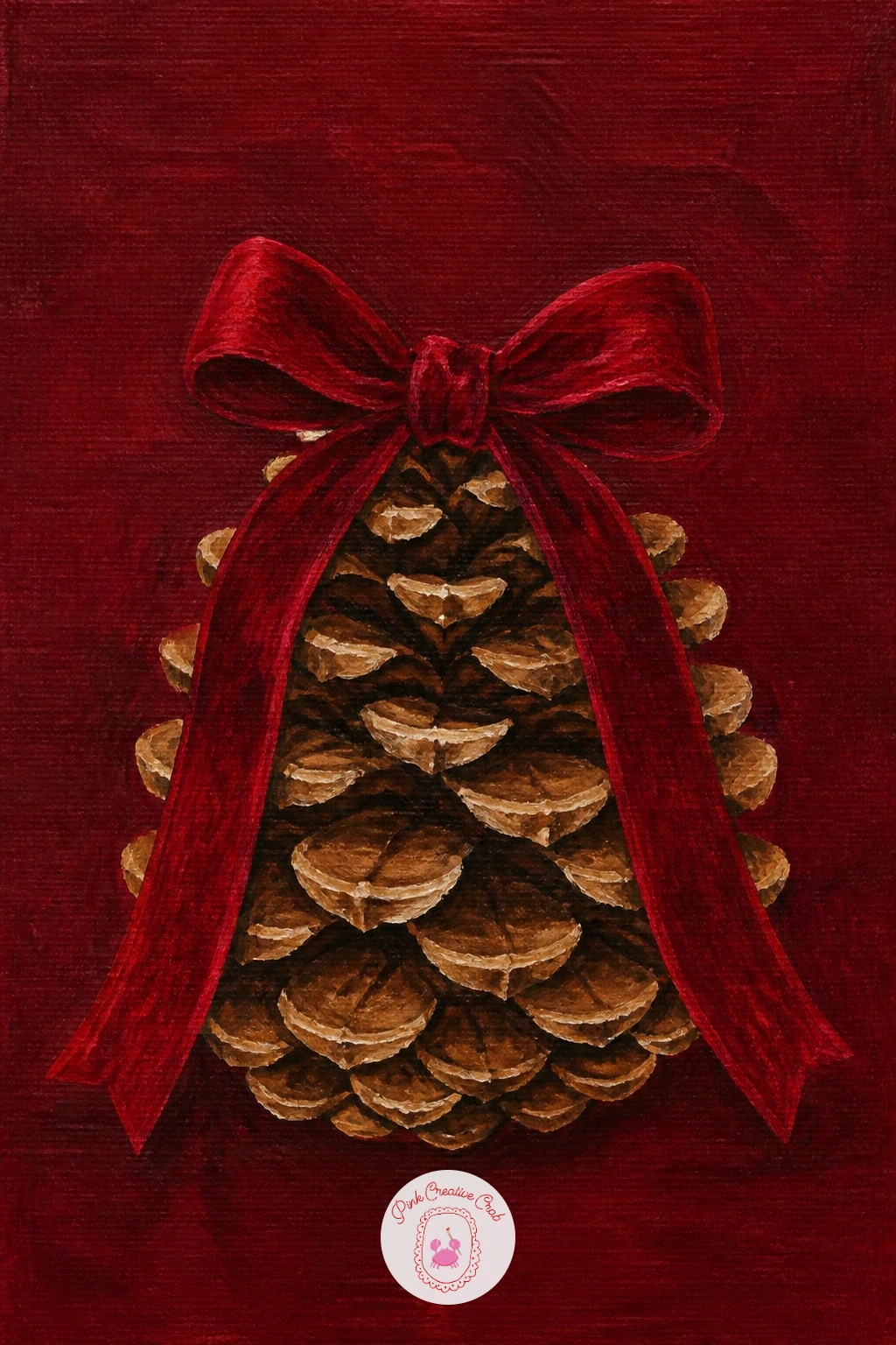 Pine Cone Tied With Velvet Ribbon — Close the list with the simplest subject of all: a single pine cone tied with a velvet ribbon bow, set against a flat
