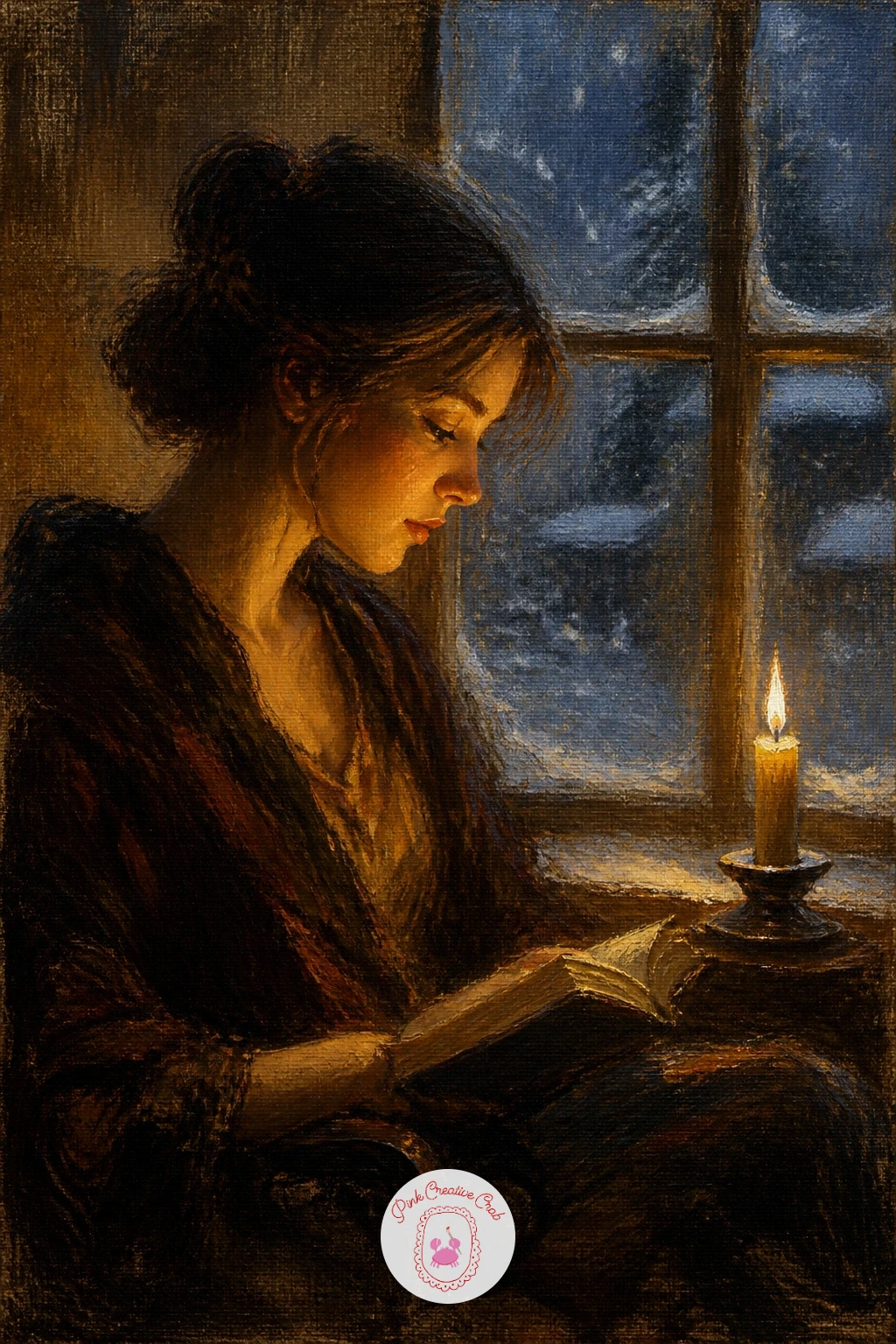 A Woman Reading By Candlelight With Snow Outside — Build this one from the window back, since the cold blue snow outside has to feel like a different