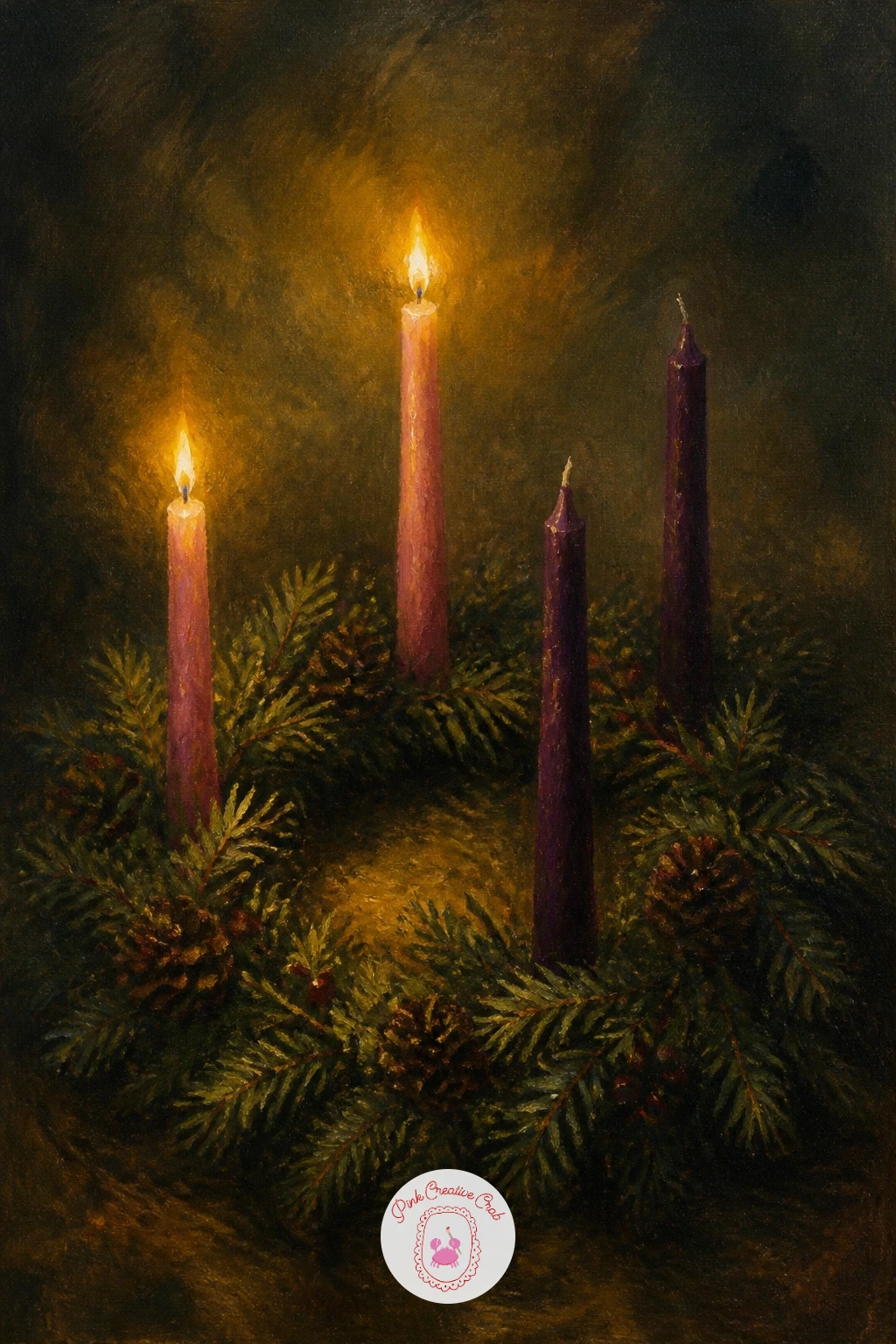 An Advent Wreath With Two Candles Lit — Move from a single flame to a pair with the advent wreath, where two lit candles sit among dark pine and a few unlit