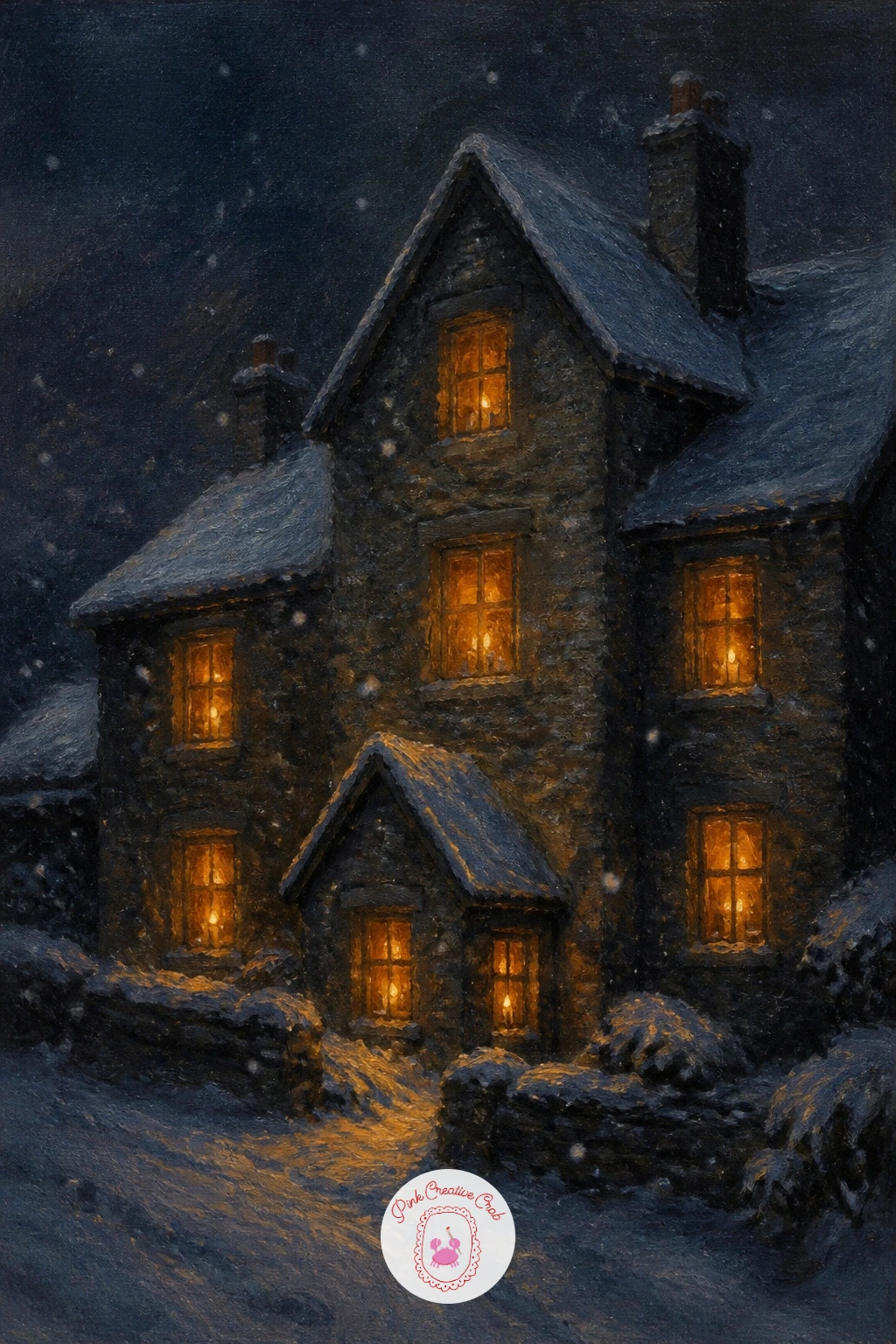 Candles In Every Window Of A Stone House — Treat the stone house as one dark shape first, blocked in with cool greys and umbers, since every window will later