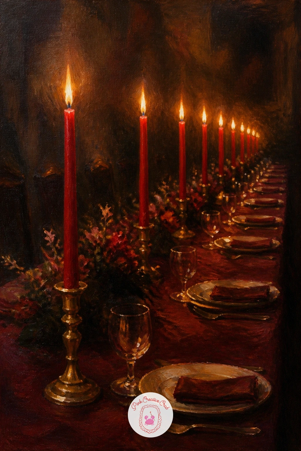 Red Taper Candles On A Long Dinner Table — Set the long dinner table down the length of the canvas so the candles march toward the viewer in a row, each one