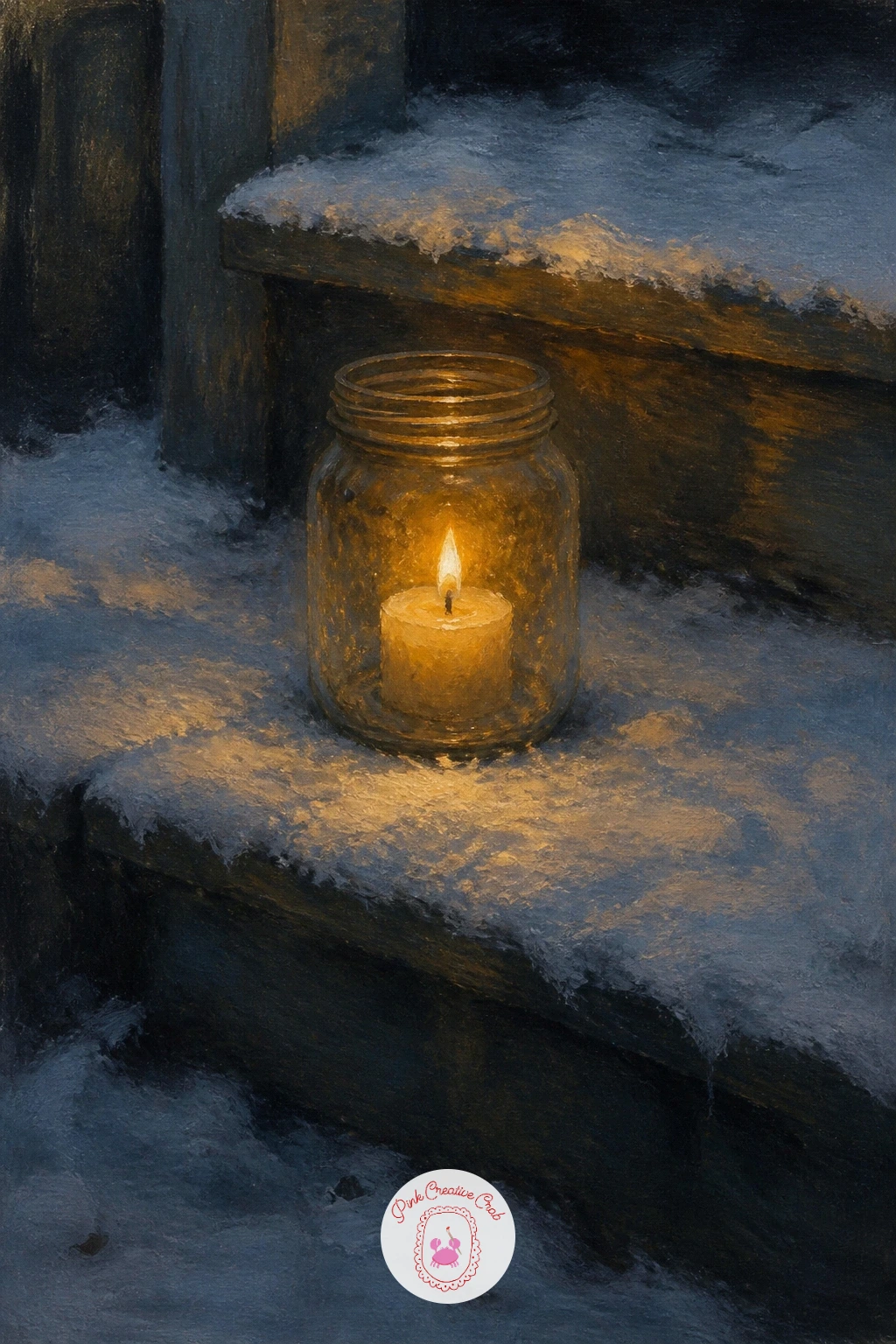 A Candle In A Jar On A Snowy Step — This quieter scene works well after a busy table, since it is just one small jar candle sitting on cold stone steps.