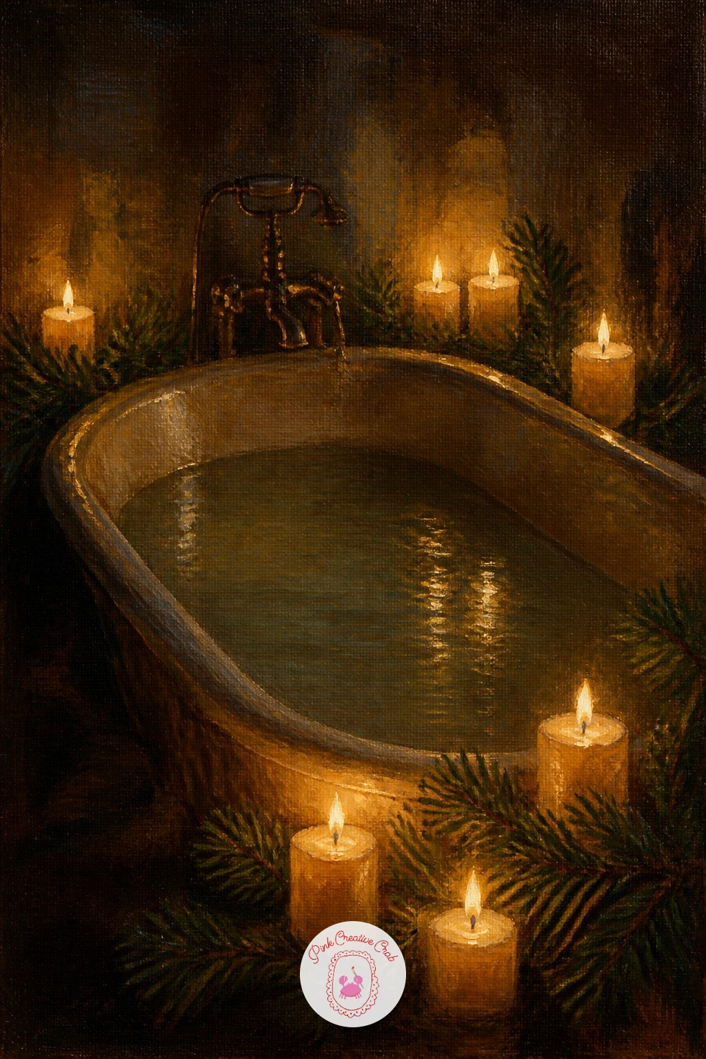 A Bathtub Surrounded By Candles And Pine — Shift indoors now to a softer, steamier scene: a clawfoot or simple bathtub ringed with lit candles and sprigs of