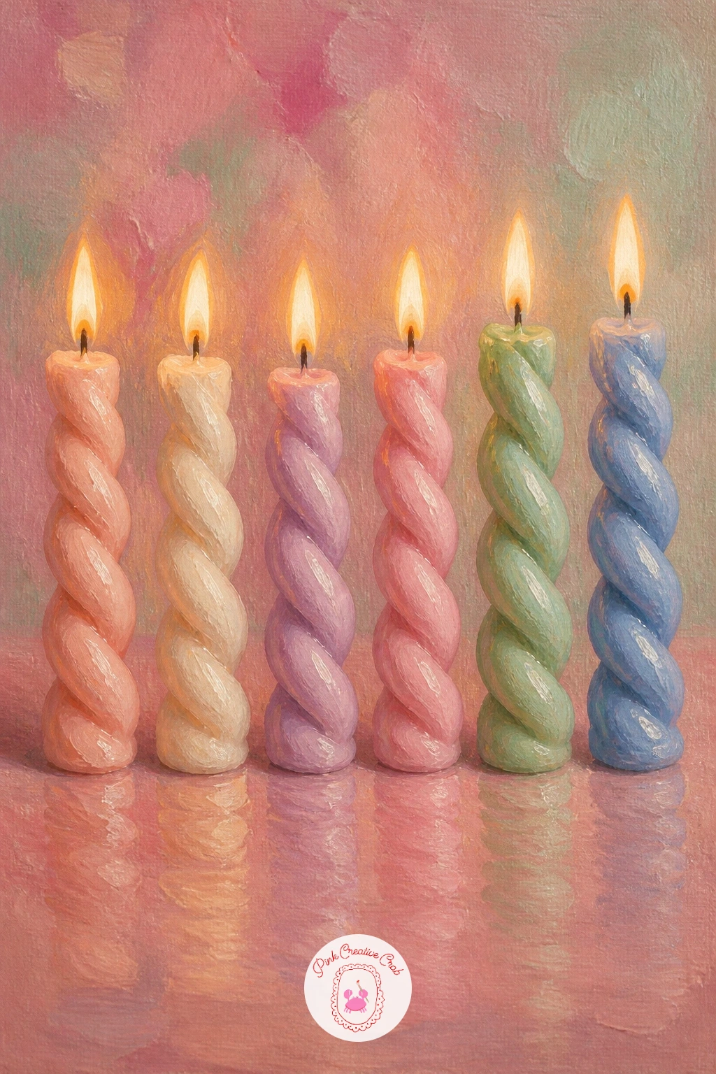 Pastel Twisted Candles On A Pink Table — Switch the mood here from deep burgundy to something softer with pastel twisted candles standing on a pale pink table.