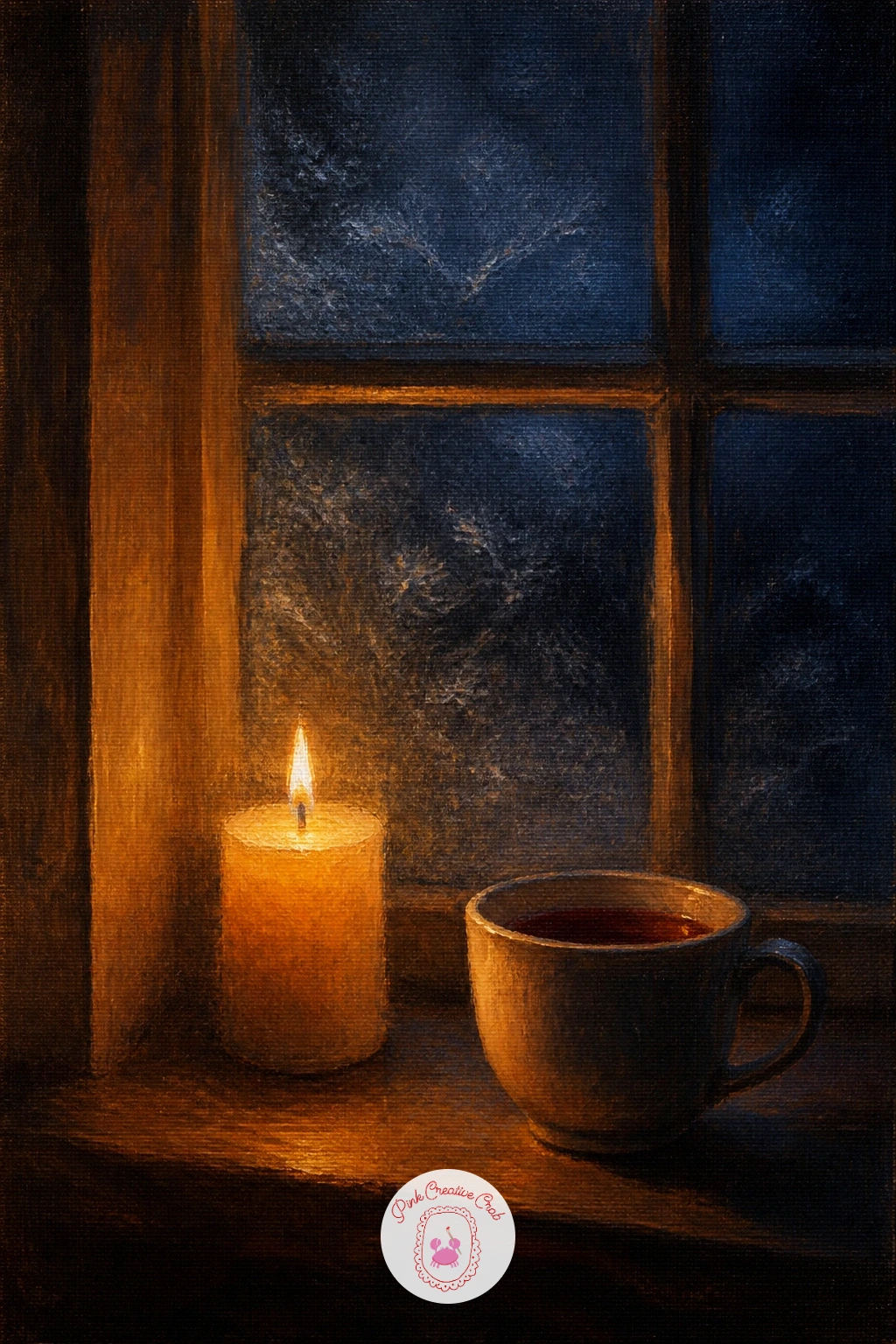 A Candle And A Cup Of Tea On A Windowsill — Keep this one small and quiet: a single candle beside a cup of tea resting on a windowsill at night. Christmas