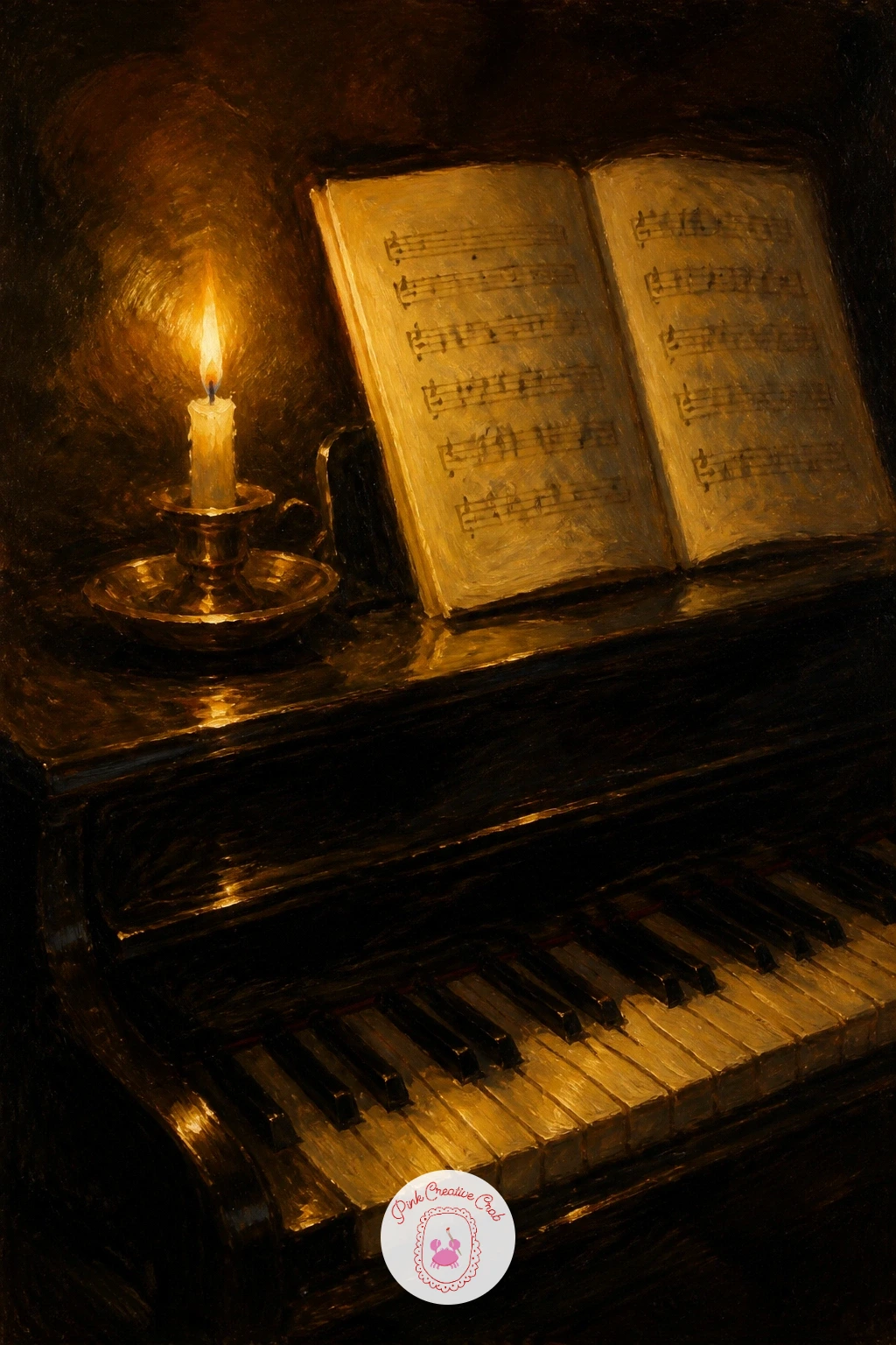 A Candlelit Piano With Sheet Music — Bring the glow indoors to a piano lit only by a candle standing on its lid, sheet music open beside it. Christmas candle