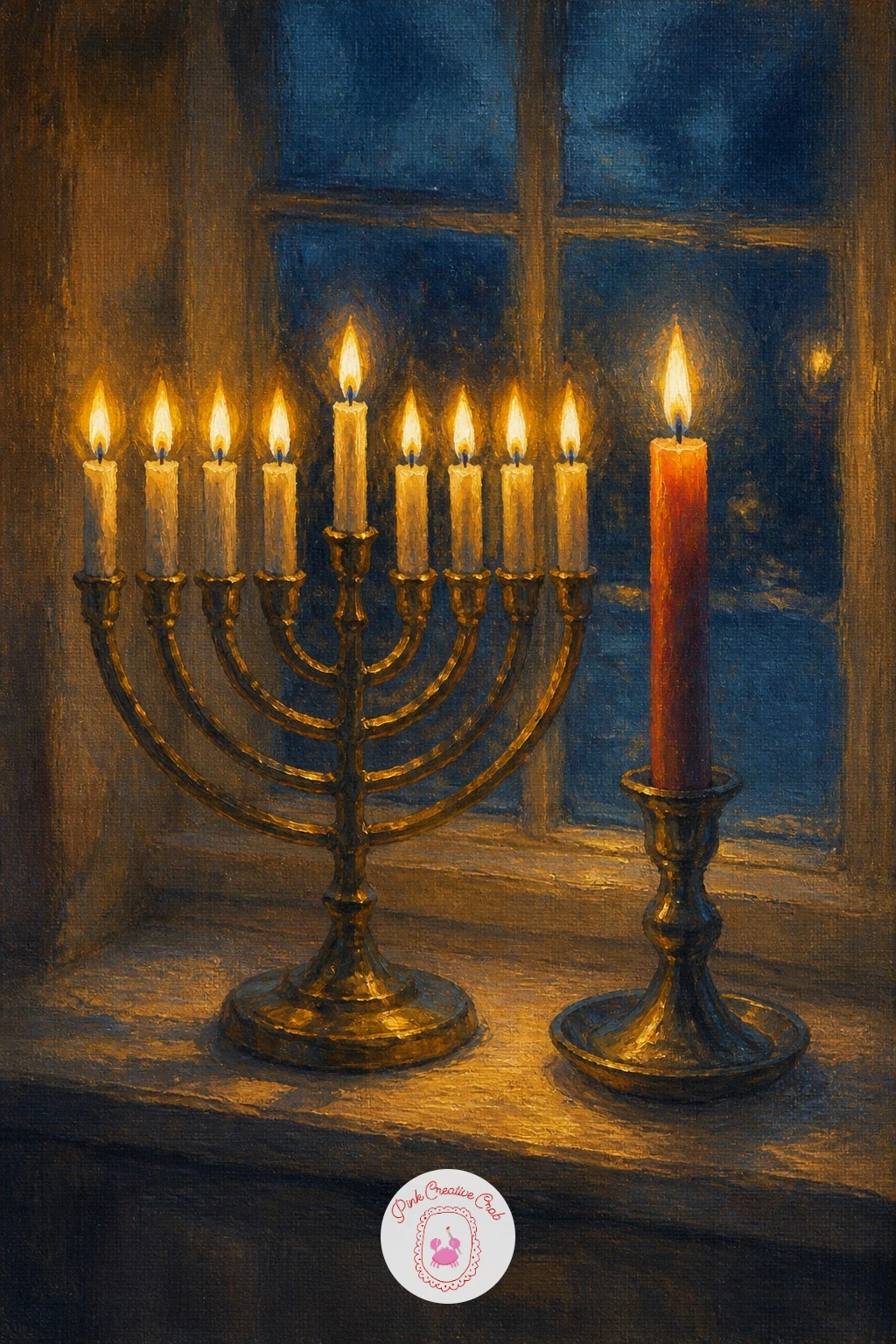 A Menorah And A Christmas Candle Side By Side On A Sill — Paint two traditions sharing one quiet windowsill: a lit menorah beside a single Christmas taper