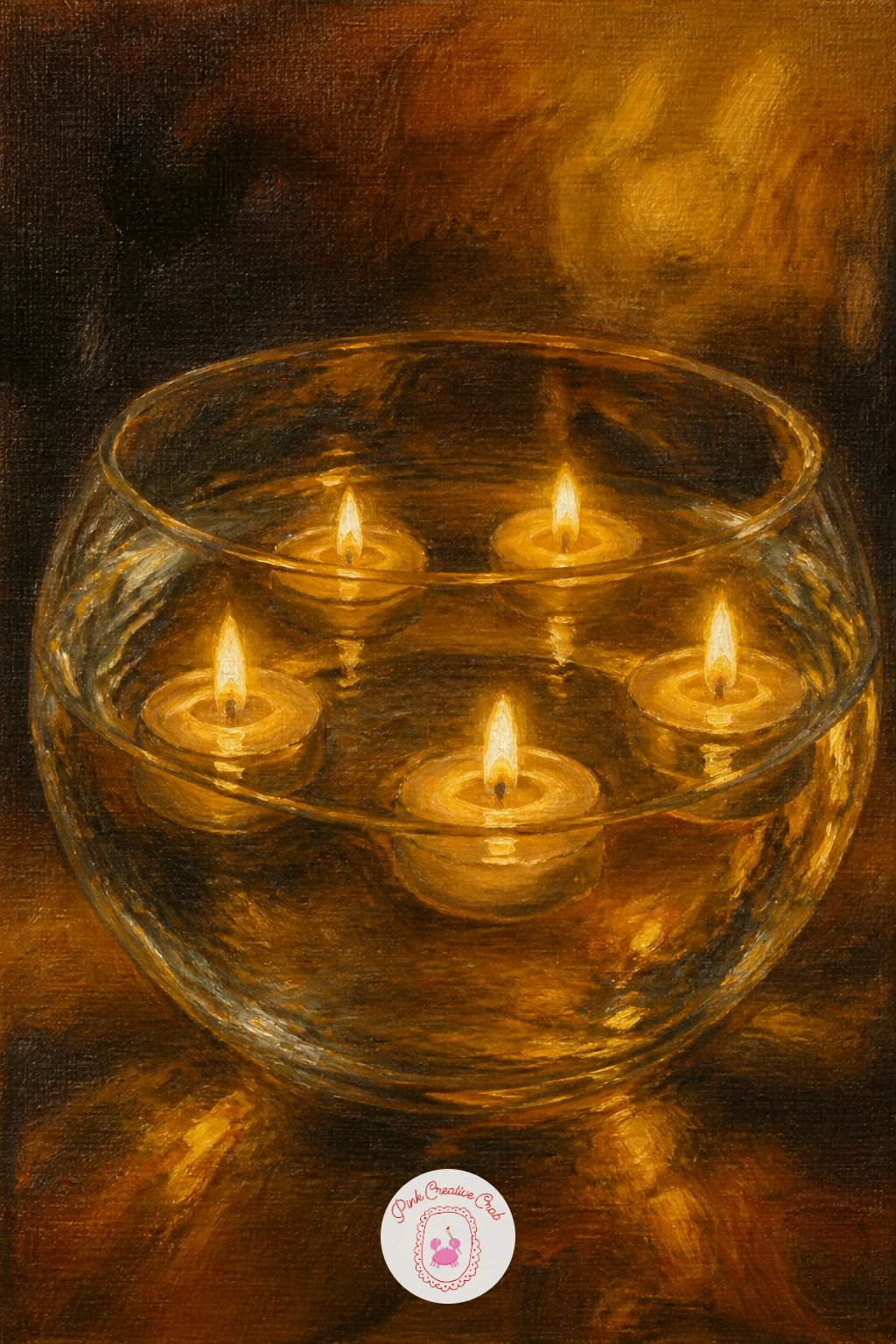 Floating Candles In A Glass Bowl — Water adds a new challenge here, with several small floating candles glowing inside a wide glass bowl. Christmas candle