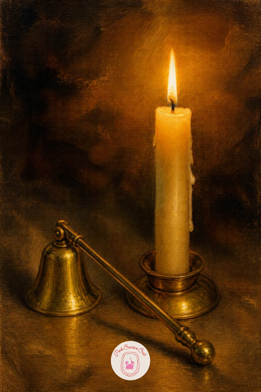 A Gold Candle Snuffer Next To A Burning Candle — Focus on an object here rather than a face or a scene: a gold candle snuffer resting beside a single burning