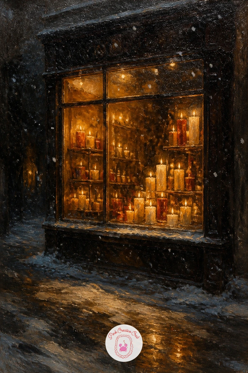 A Candle Shop Window Glowing — Step outside again for a wider scene: a small shop window filled with candles, glowing out into a dark snowy street. Christmas