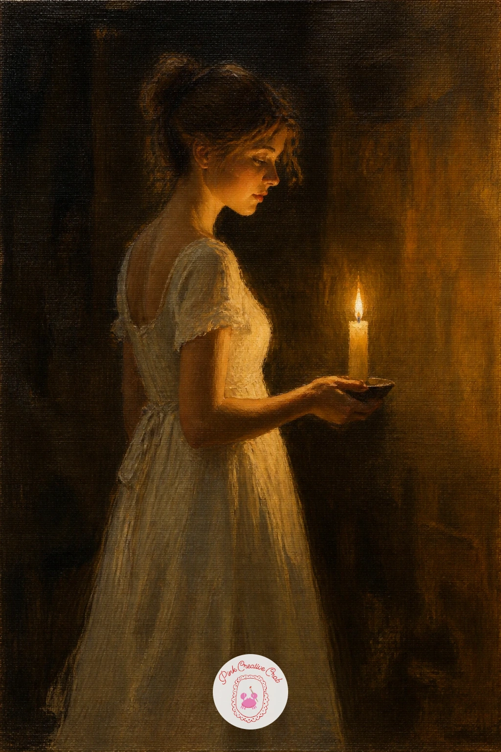 A Girl Carrying A Candle In A White Dress — Bring back a human figure, this time a young woman carrying a single candle through a dark room, her white dress