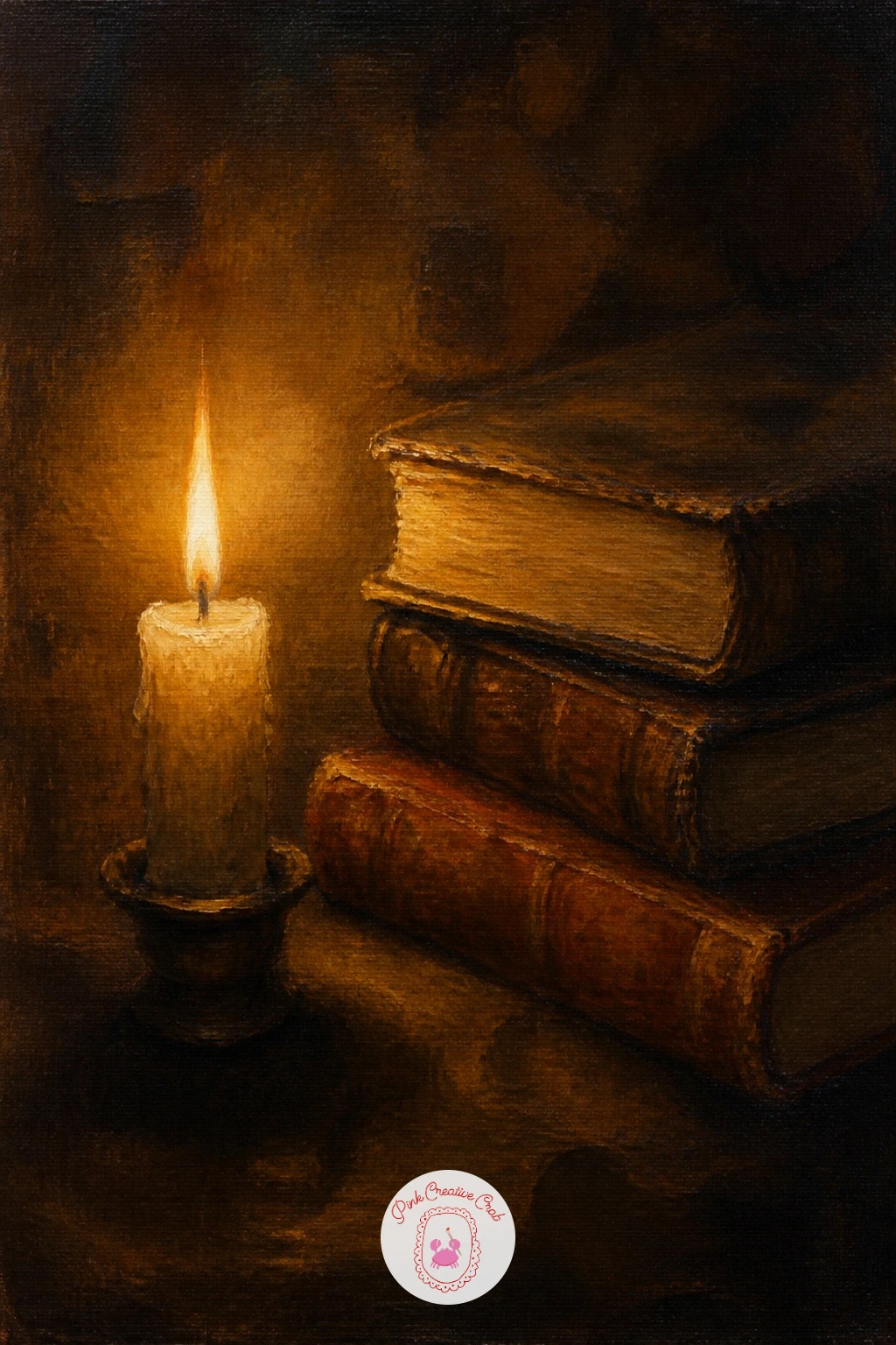 A Candle Beside A Stack Of Books — Pair the candle with something quieter still: a small stack of worn books on a side table, lit by one flame beside them.