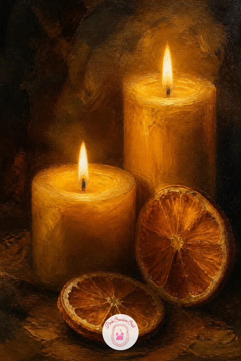 Beeswax Candles With Dried Oranges — Bring warmer, honeyed tones into the mix with a pair of natural beeswax candles standing beside slices of dried orange.