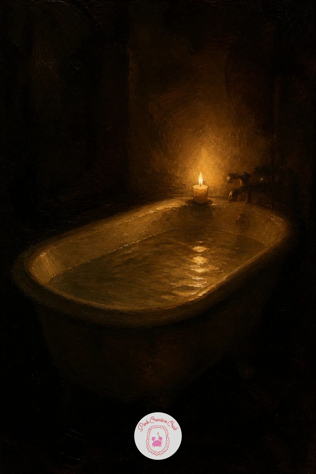 A Candlelit Bath In A Dark Room — Return to water with a quieter version of the earlier bathtub idea: just the tub itself, dimly candlelit, in an otherwise