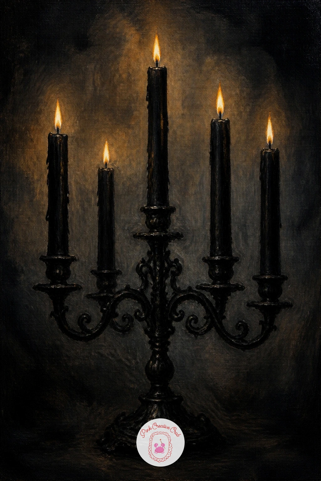 Black Candles In A Gothic Candelabra — Take the mood somewhere moodier with black taper candles standing in an ornate gothic candelabra, all deep shadow and