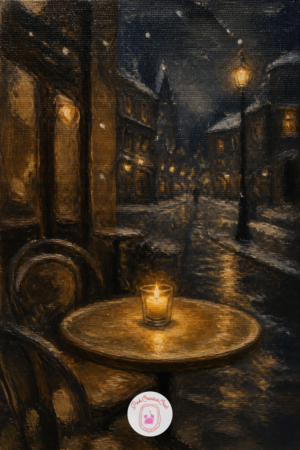 Candles On A Café Table In Snowfall — Step back outside to a small café table set with a candle, snow falling gently around it under string lights or a striped