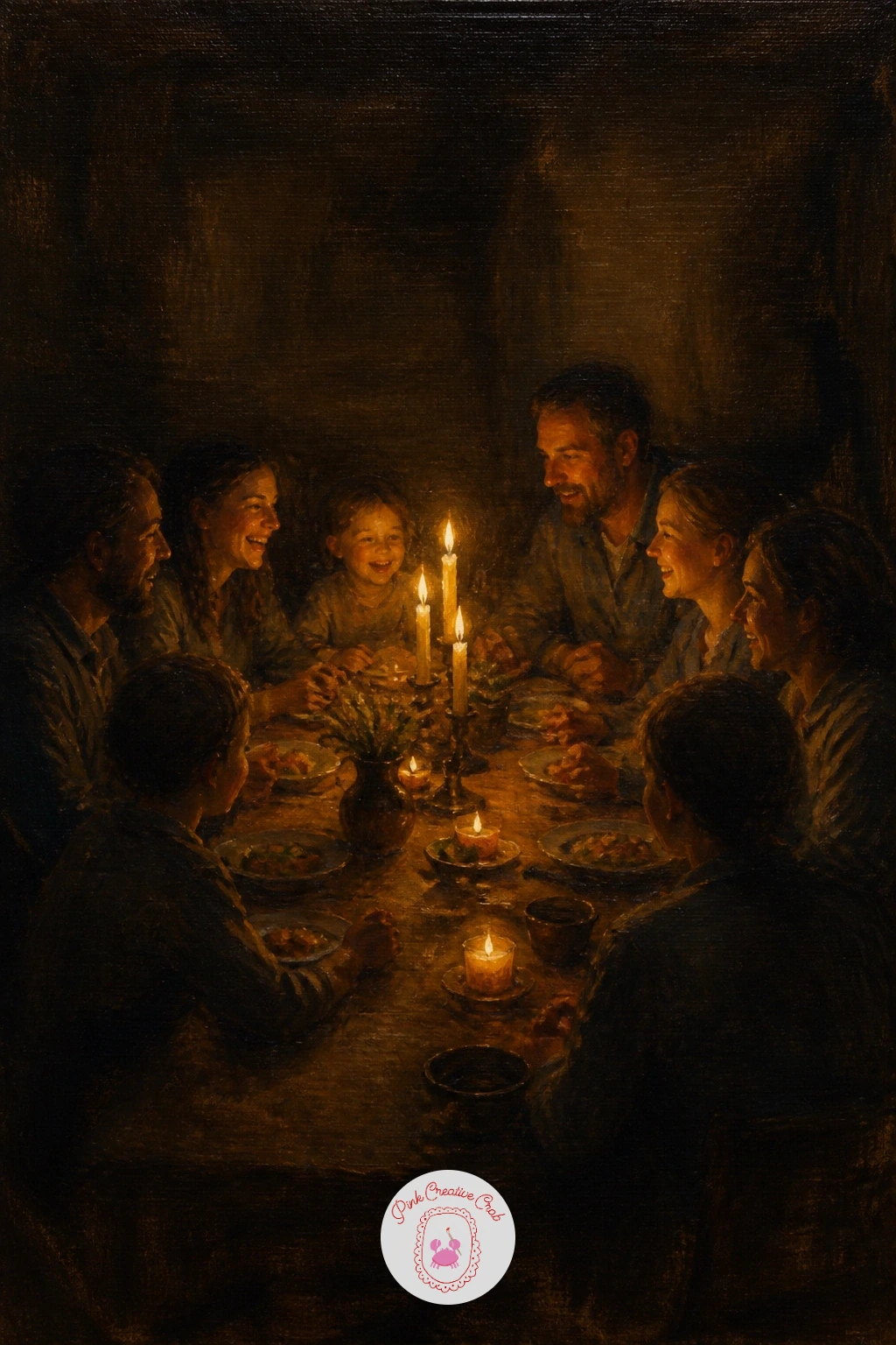 A Family Table Lit Only By Candles — Close the whole series with the biggest scene: a full family table, every face and dish lit only by the candles standing