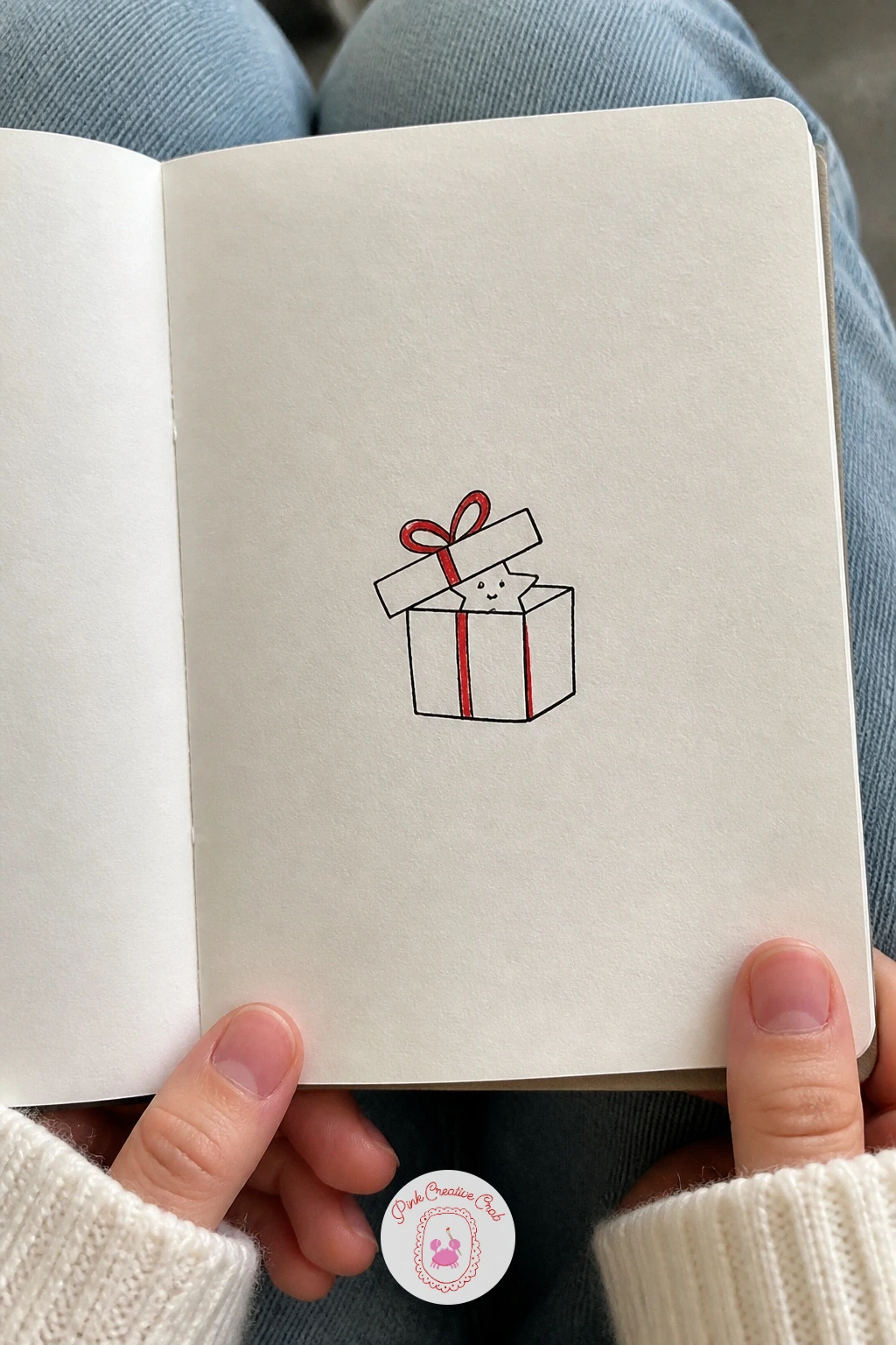 Gift With A Bow Peeking Open — Settle into a steady object after the robin: a gift box with its lid tilted just slightly open. Simple christmas doodles