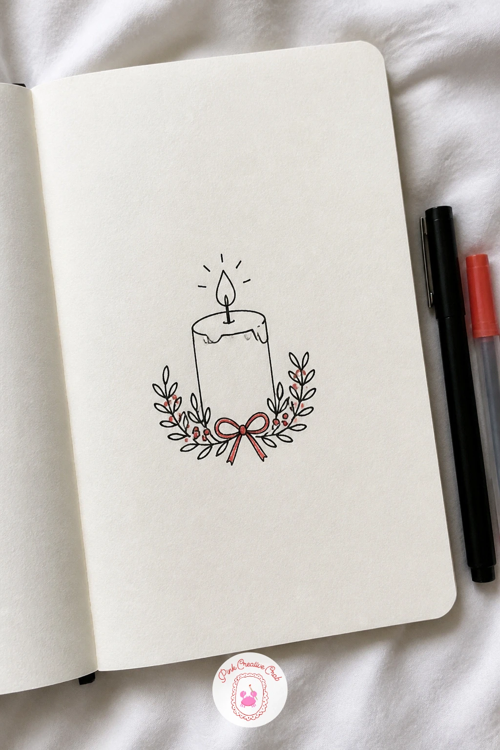 Candle With A Wreath — Here the light source matters: draw the flame first and let it decide where any glow lines sit, since a candle only reads as lit if the