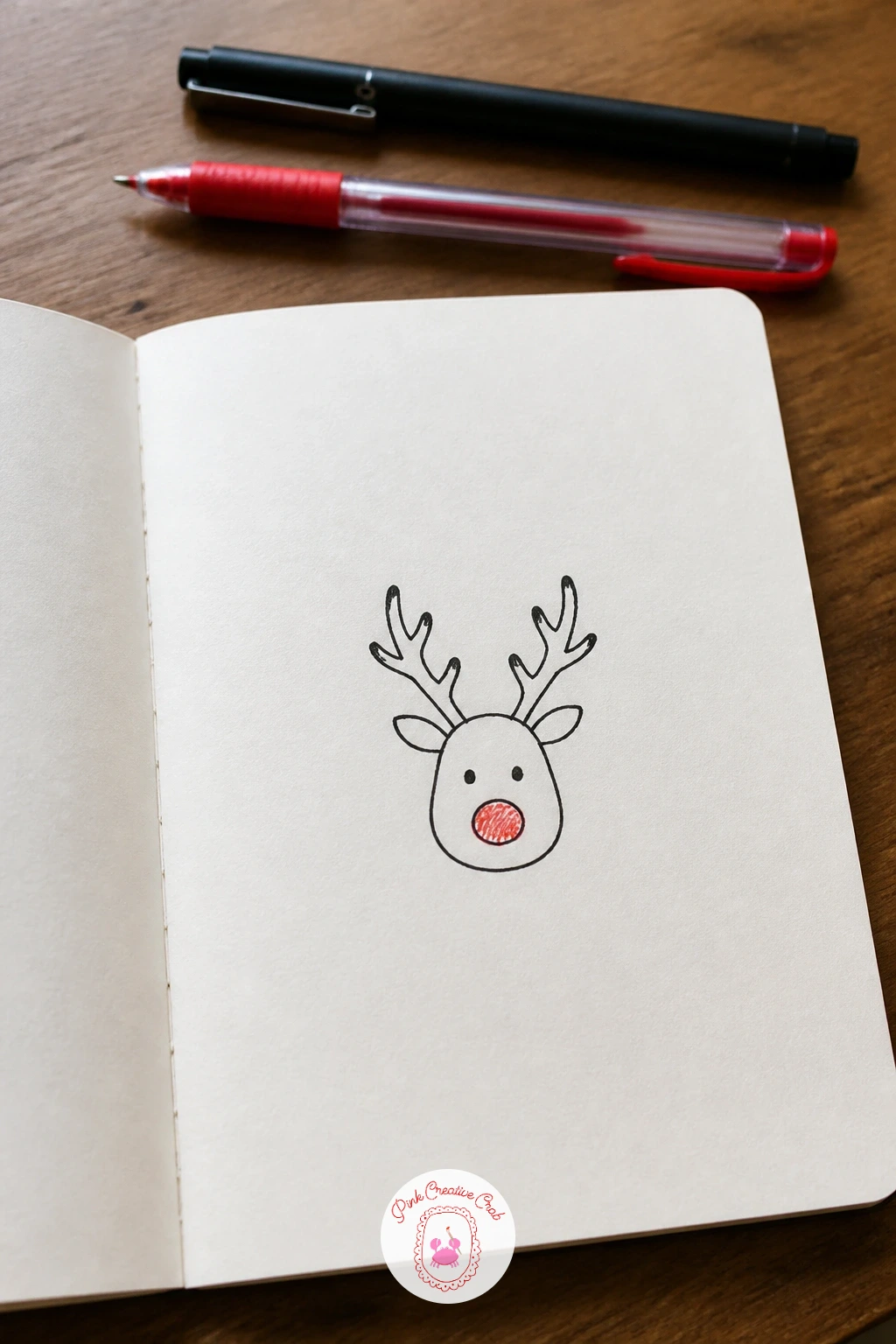 Reindeer Head — Move into a slightly more detailed subject now that the simpler shapes feel steady: the reindeer head, drawn face-on so both antlers spread