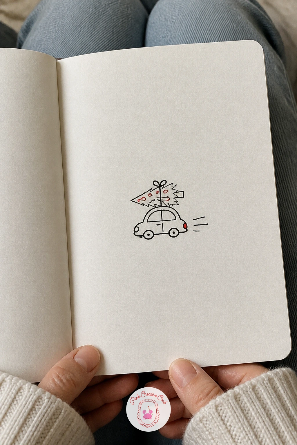 Little Car With A Tree — Close the list with a small scene full of motion: a car driving home with a tree strapped to its roof. Simple christmas doodles