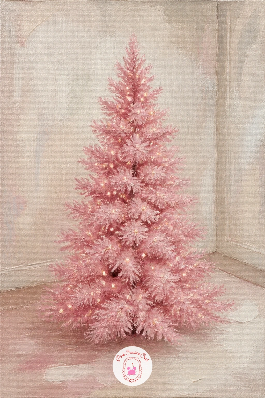 Pink Tinsel Tree In A White Room — Start simple with a pink tinsel tree standing alone in a plain white room, because the empty background does most of the