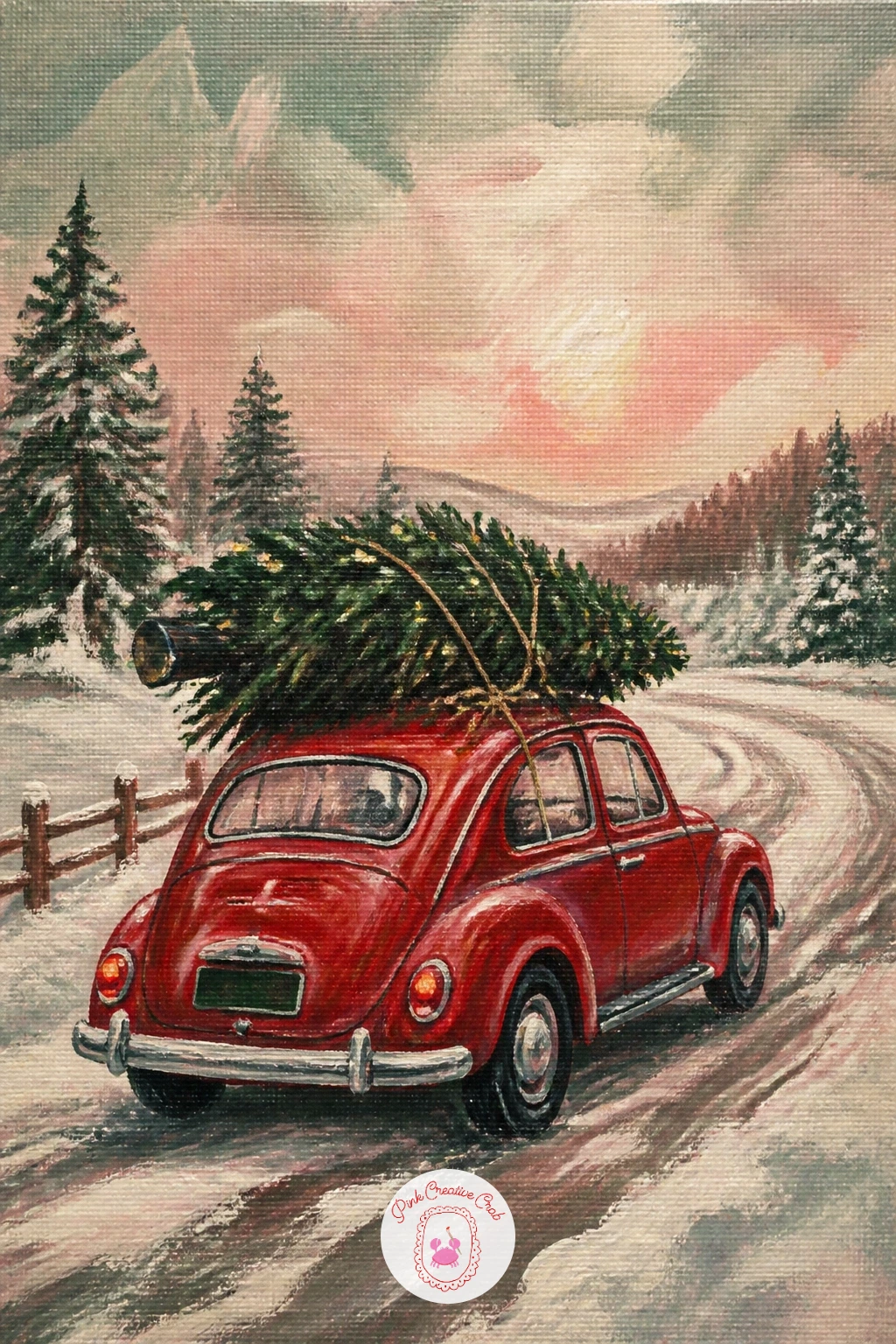 Tree Tied To The Roof Of A Red Car — Give the scene some movement with a Christmas tree tied to the roof of a red car, parked or driving along a plain winter