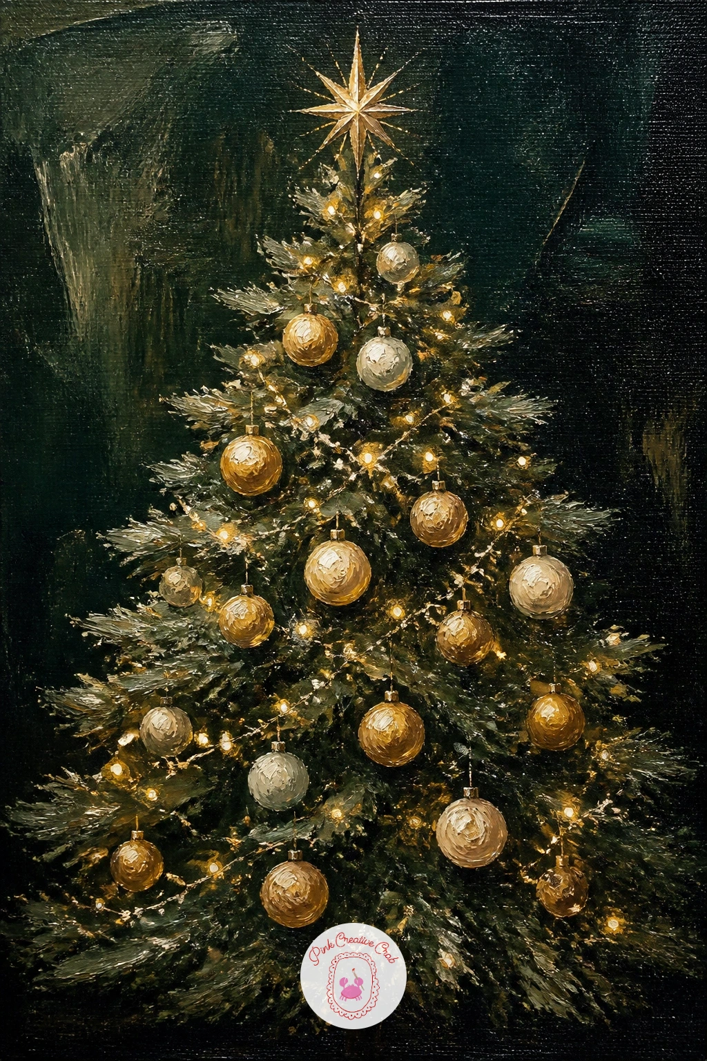 Tree With Gold And Cream Baubles In A Dark Room — Turn the lights down for a tree glowing with gold and cream baubles in a dark room, where the background does