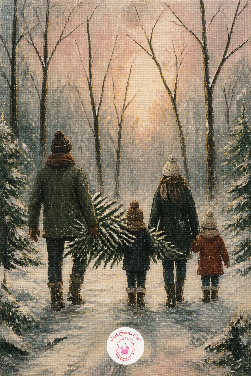 Family Carrying A Tree Through The Woods — Bring in some life with a family carrying a tree through the woods, a cozy little scene rather than a single still
