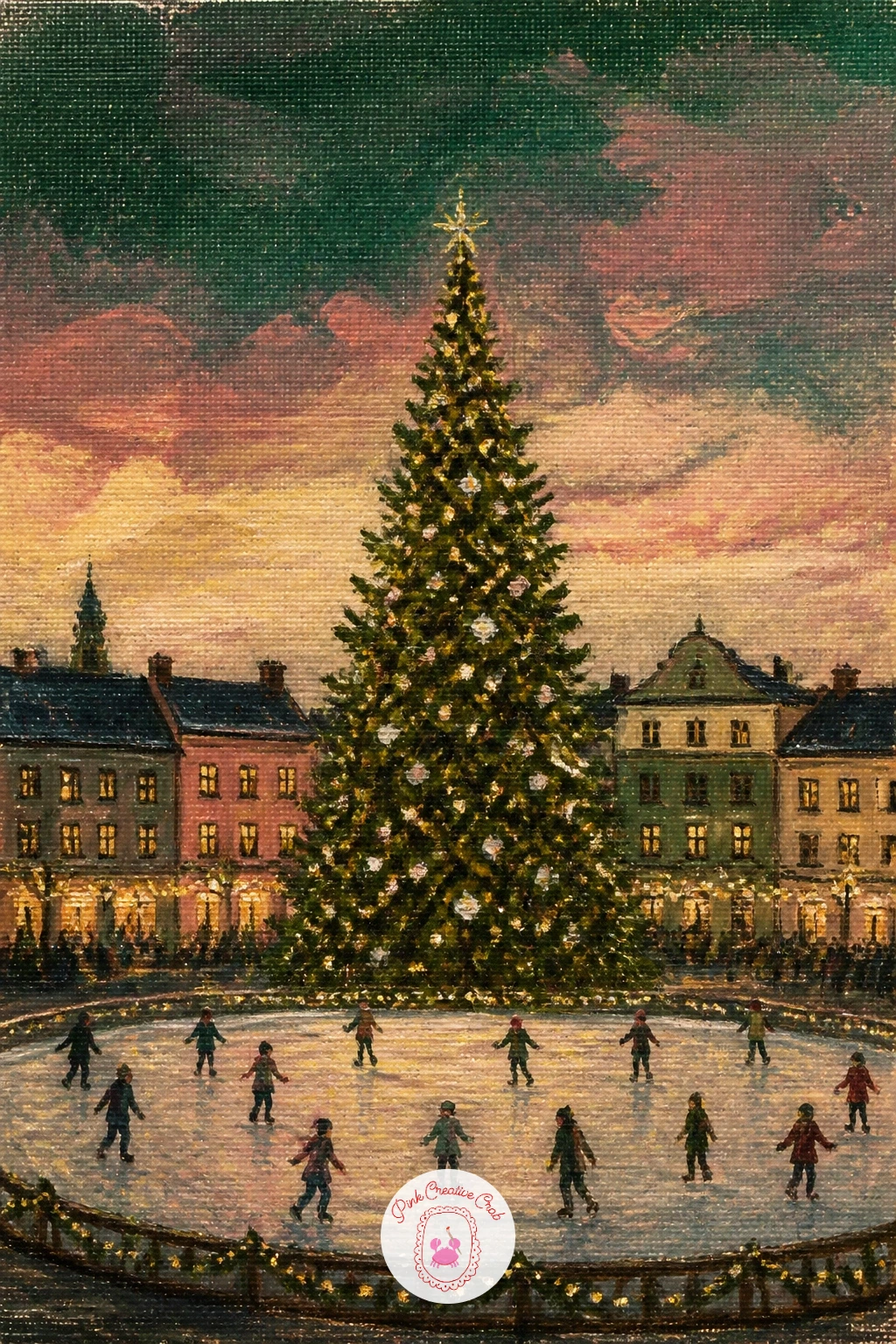 Tree In A Town Square With Skaters — Widen the scene further with a tree in a town square surrounded by tiny skaters circling below it. Christmas tree painting
