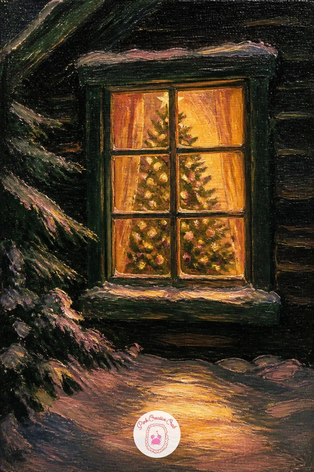 Tree Glowing Through A Cabin Window — Bring the view back indoors with a tree glowing through the window of a dark cabin seen from outside. Christmas tree