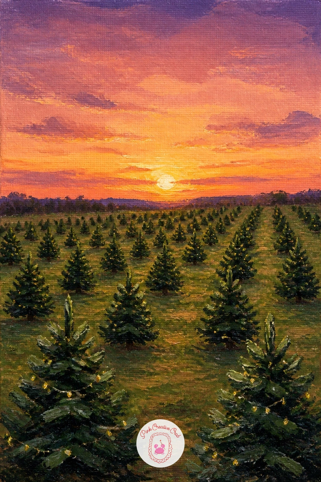 Tree Farm At Sunset — Shift to a wide outdoor view with rows of trees on a tree farm catching the last light of sunset. Christmas tree painting