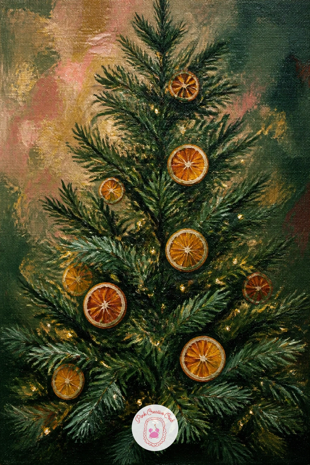 Tree Decorated With Dried Oranges — Warm things back up with a tree decorated with dried orange slices tucked between the branches. Christmas tree painting