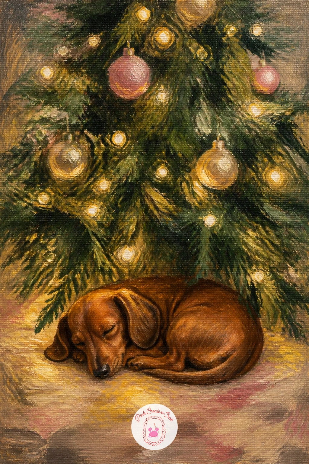 Tree With A Dachshund Under It — Add some personality with a small dachshund curled up under the tree, half asleep in its warm glow. Christmas tree painting