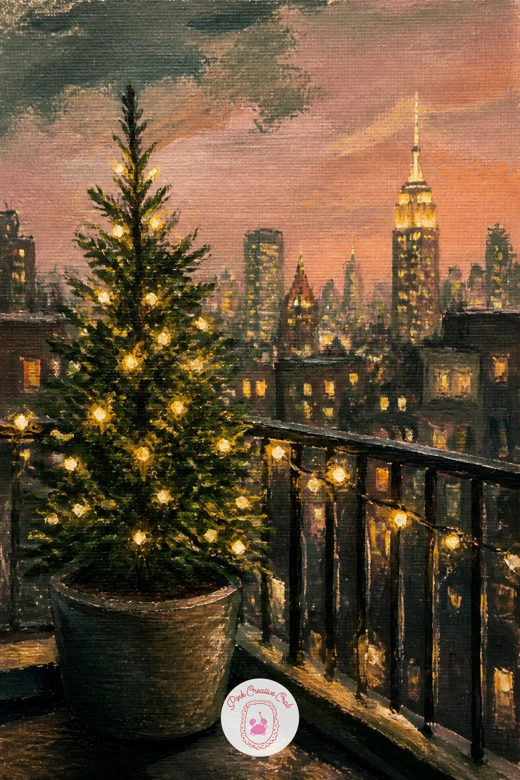 Tree On A City Balcony — Take the tree outside again with a small decorated tree standing on a city balcony, apartment lights glowing in the background.