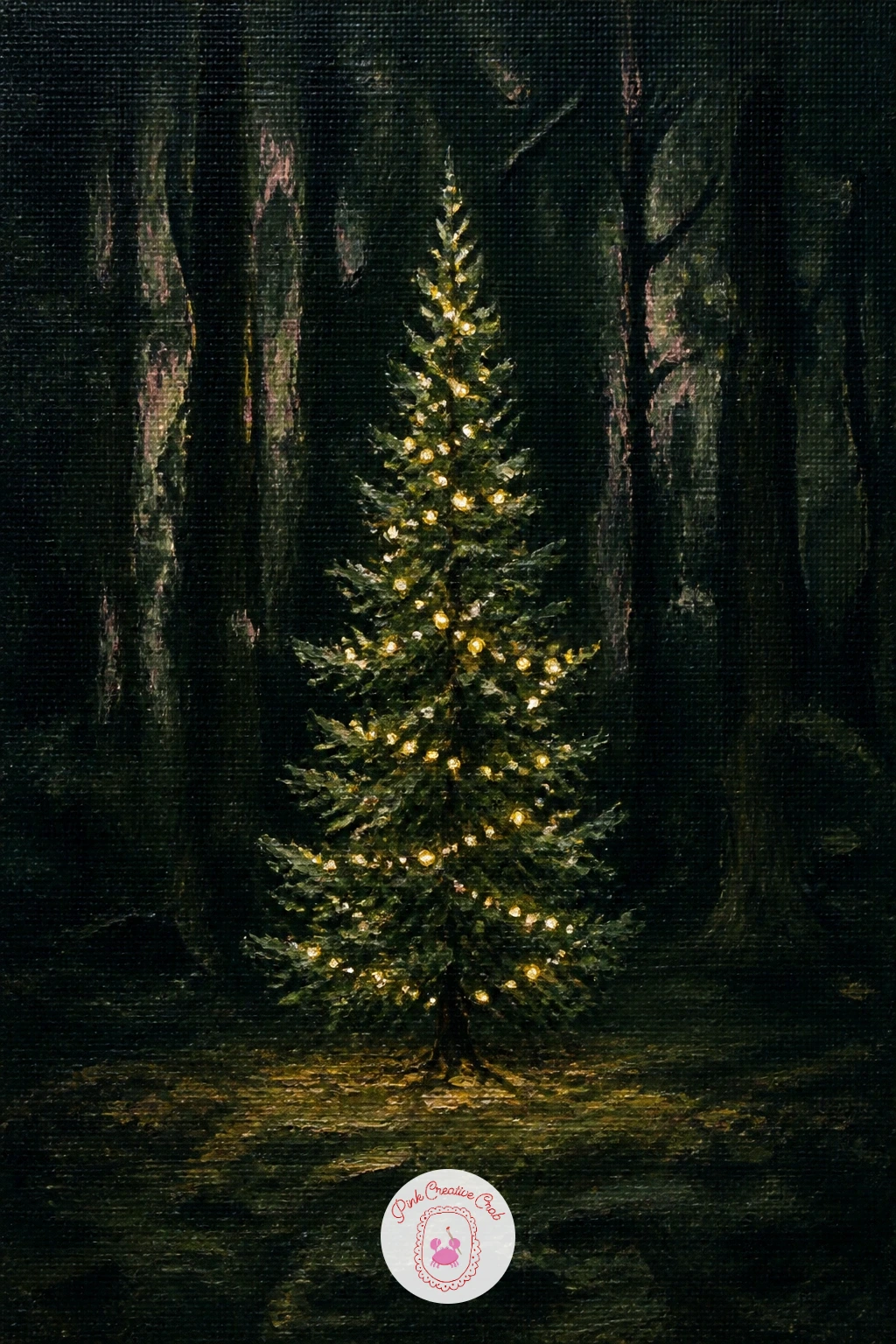 Tree With Fairy Lights In A Dark Forest — Return to the outdoors with a single tree strung in fairy lights standing alone in a dark forest at night. Christmas