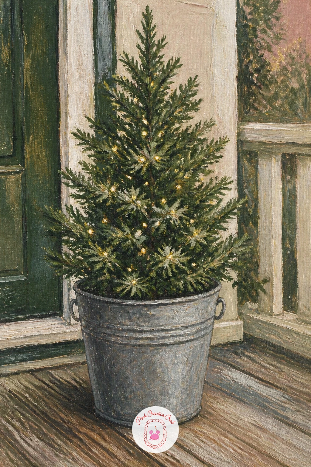 Tree In A Bucket On A Porch — Keep it rustic with a small tree standing in a galvanized bucket on a wooden porch. Christmas tree painting