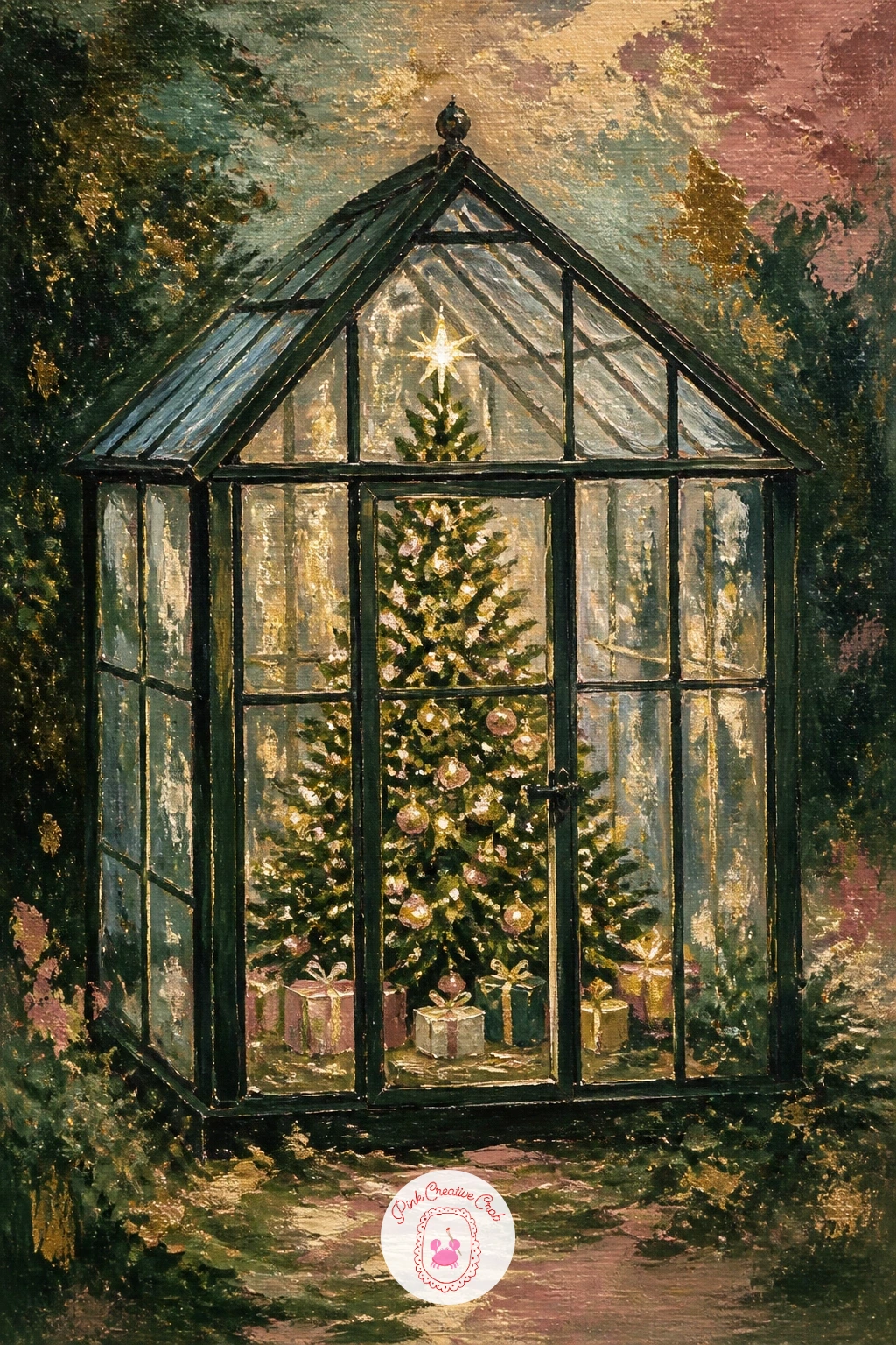 Tree Inside A Glass Greenhouse — Frame the tree in glass with a small greenhouse holding a Christmas tree glowing inside. Christmas tree painting