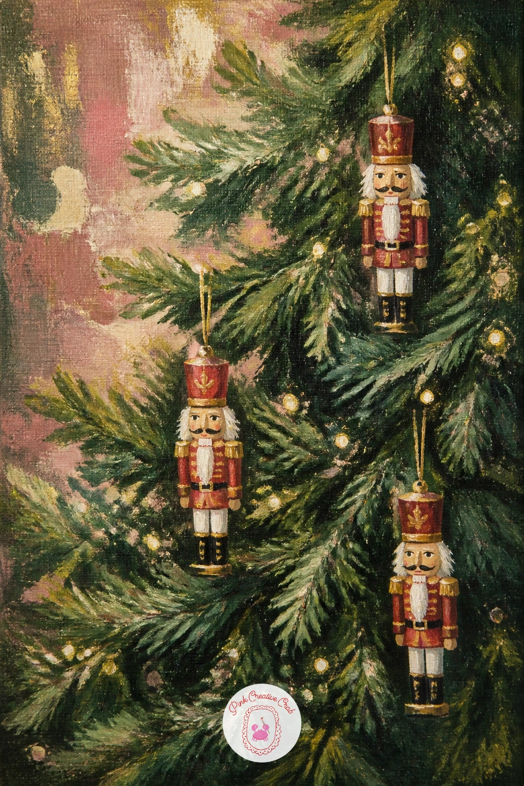 Tree With Nutcracker Ornaments — Add a storybook touch with a tree hung with little nutcracker ornaments among its branches. Christmas tree painting