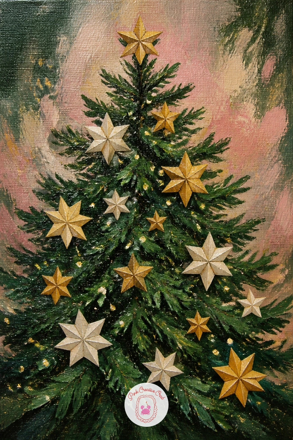 Tree Decorated With Paper Stars — Keep the shapes simple with a tree trimmed entirely in folded paper stars rather than round baubles. Christmas tree painting