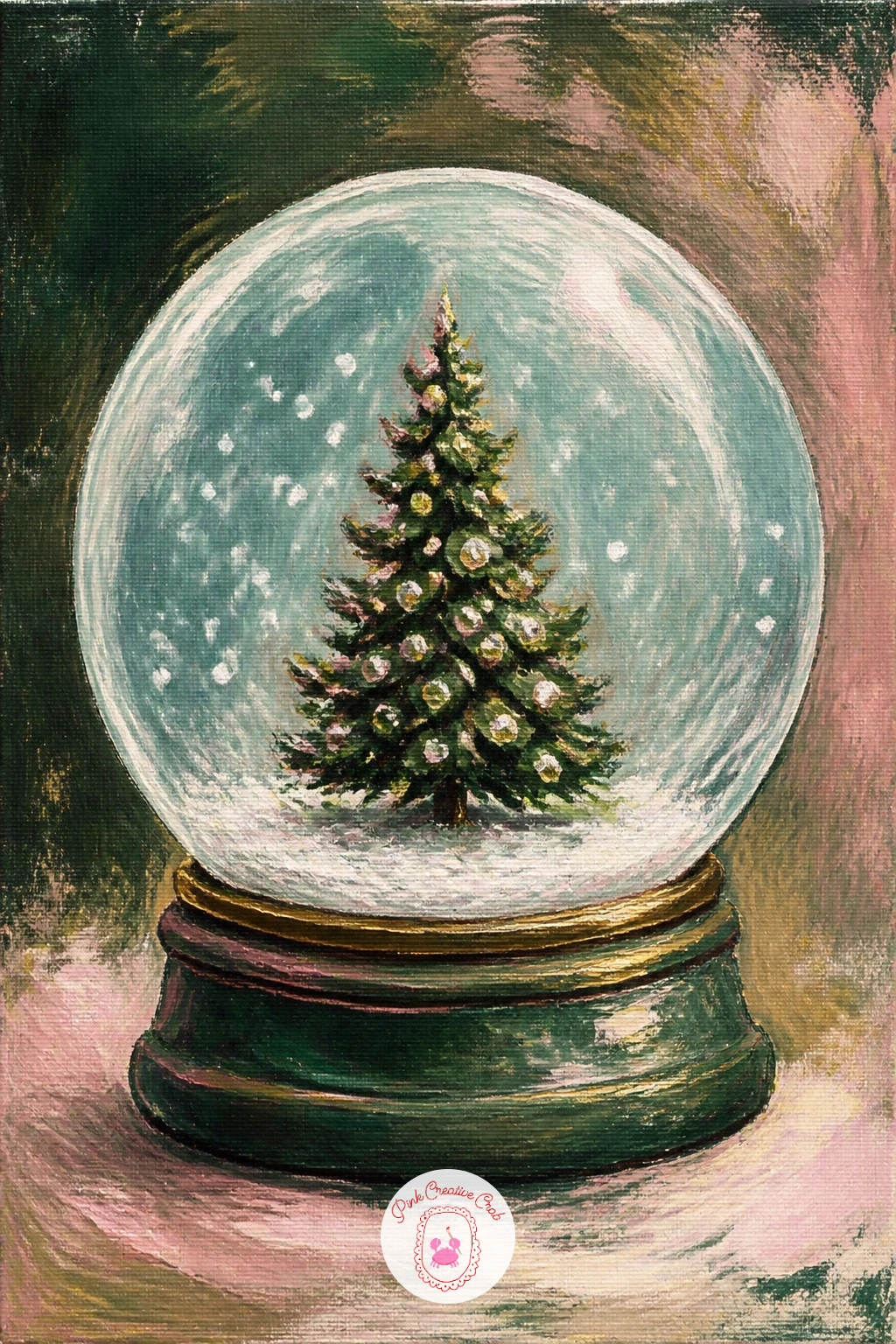 Tree In A Snow Globe — Frame everything in a sphere with a tiny Christmas tree sealed inside a snow globe. Christmas tree painting