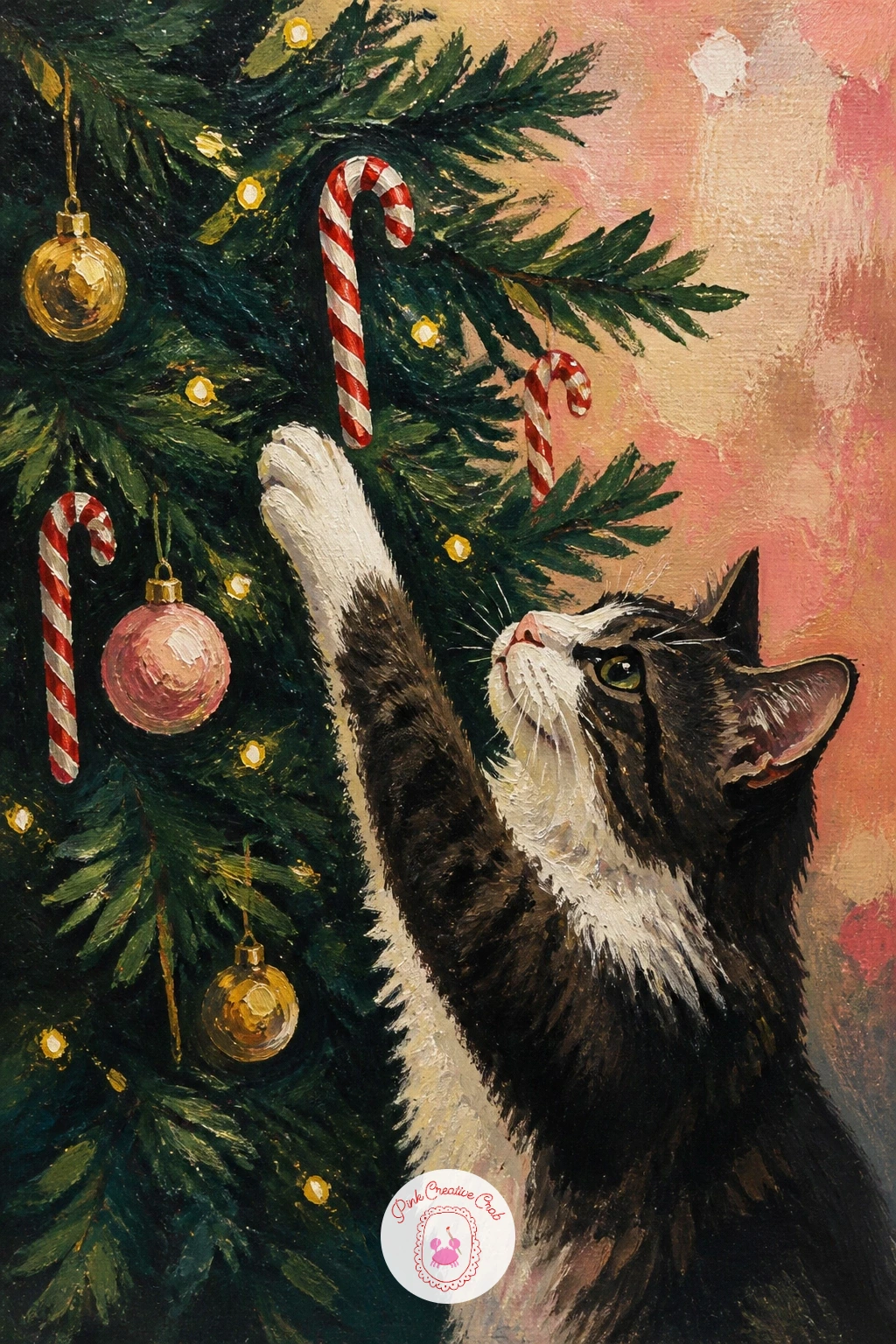 Tree With Candy Canes And A Cat — Bring in some mischief with a tree hung with candy canes while a curious cat investigates nearby. Christmas tree painting