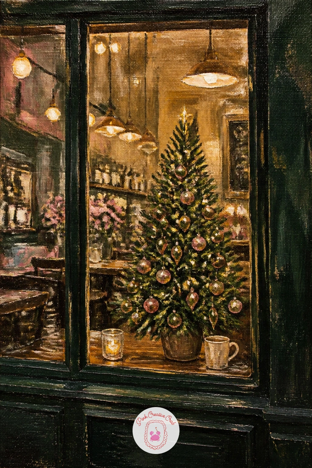 Tree In A Café Window — Keep the warmth going with a small decorated tree standing inside a café window, glimpsed from the street. Christmas tree painting