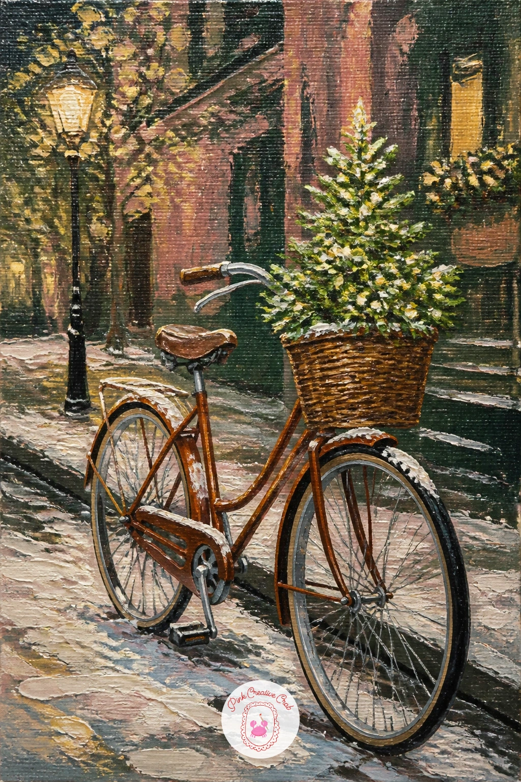 Tree On A Bike — Add some whimsy with a small tree strapped into the basket of a bicycle parked on a snowy street. Christmas tree painting
