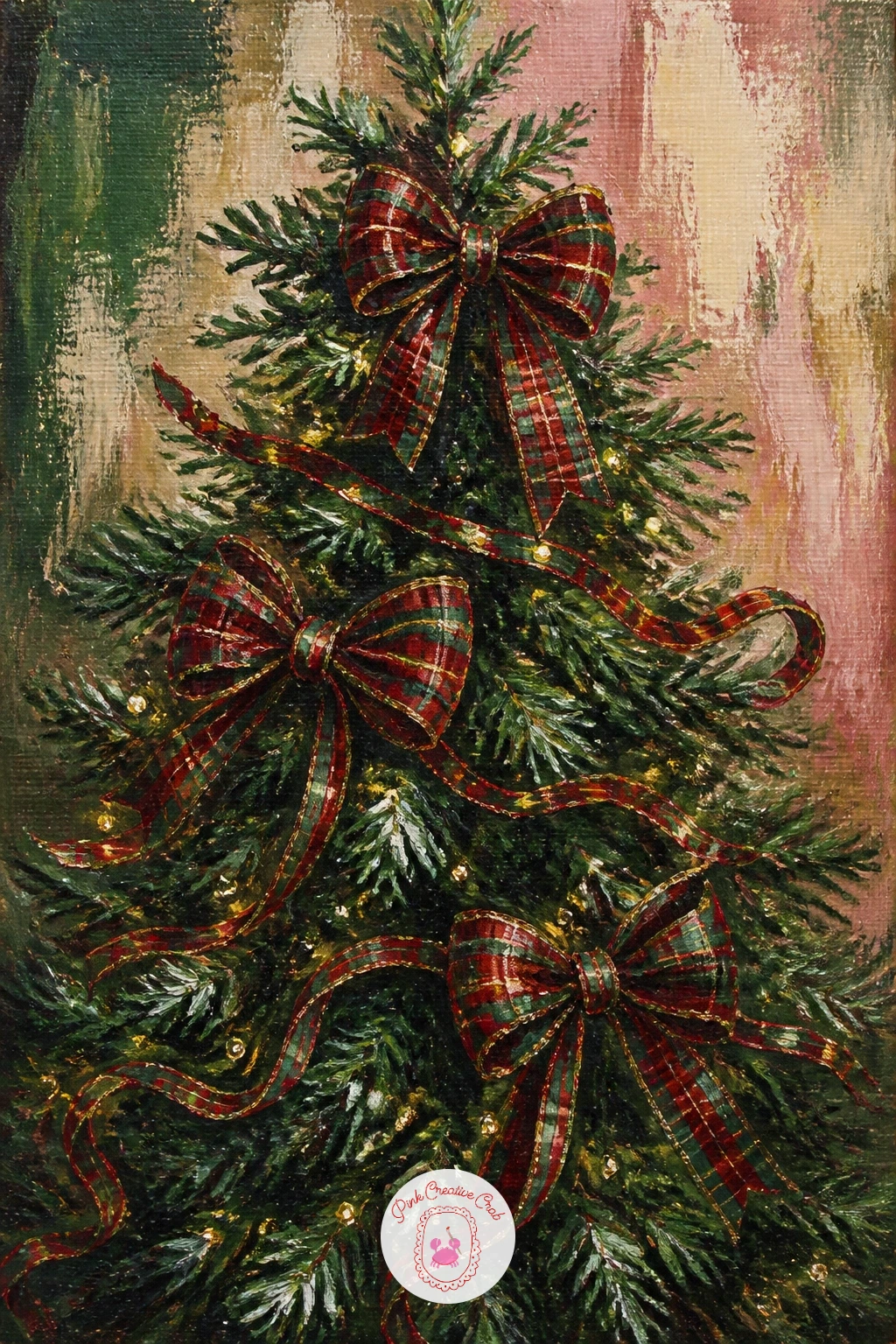 Tartan-Themed Tree With Bows — Layer in some pattern with a tree wrapped in a tartan ribbon and tartan bows throughout. Christmas tree painting