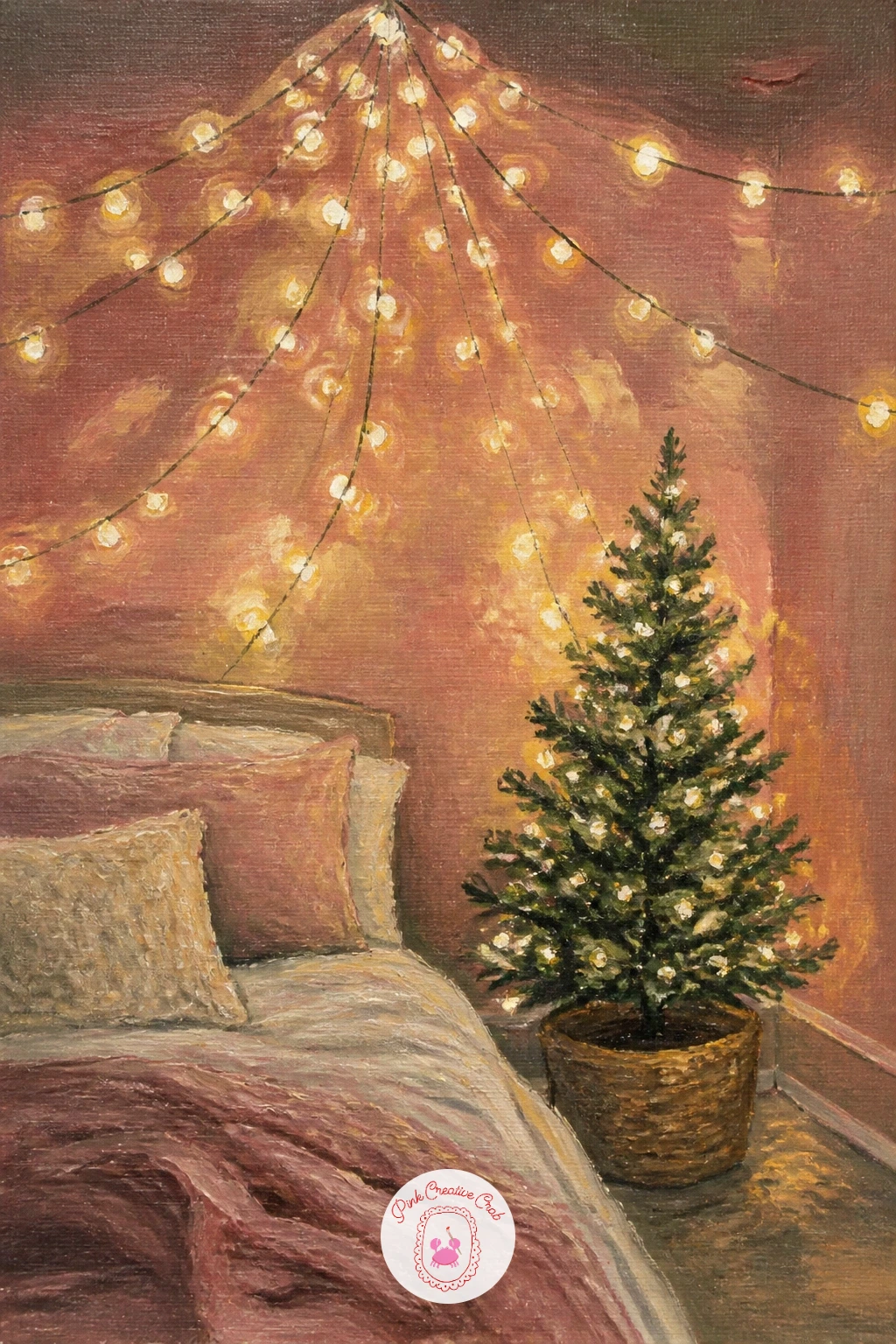 Tree In A Bedroom With A Canopy Of Lights — Bring the scene somewhere cozier with a small tree standing in a bedroom corner under a soft canopy of hanging