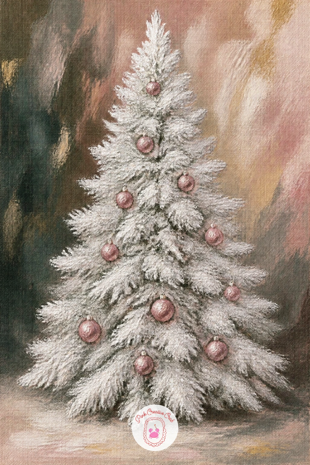 White Flocked Tree With Pink Accents — Go soft and wintry with a white flocked tree brightened only with pink accents. Christmas tree painting